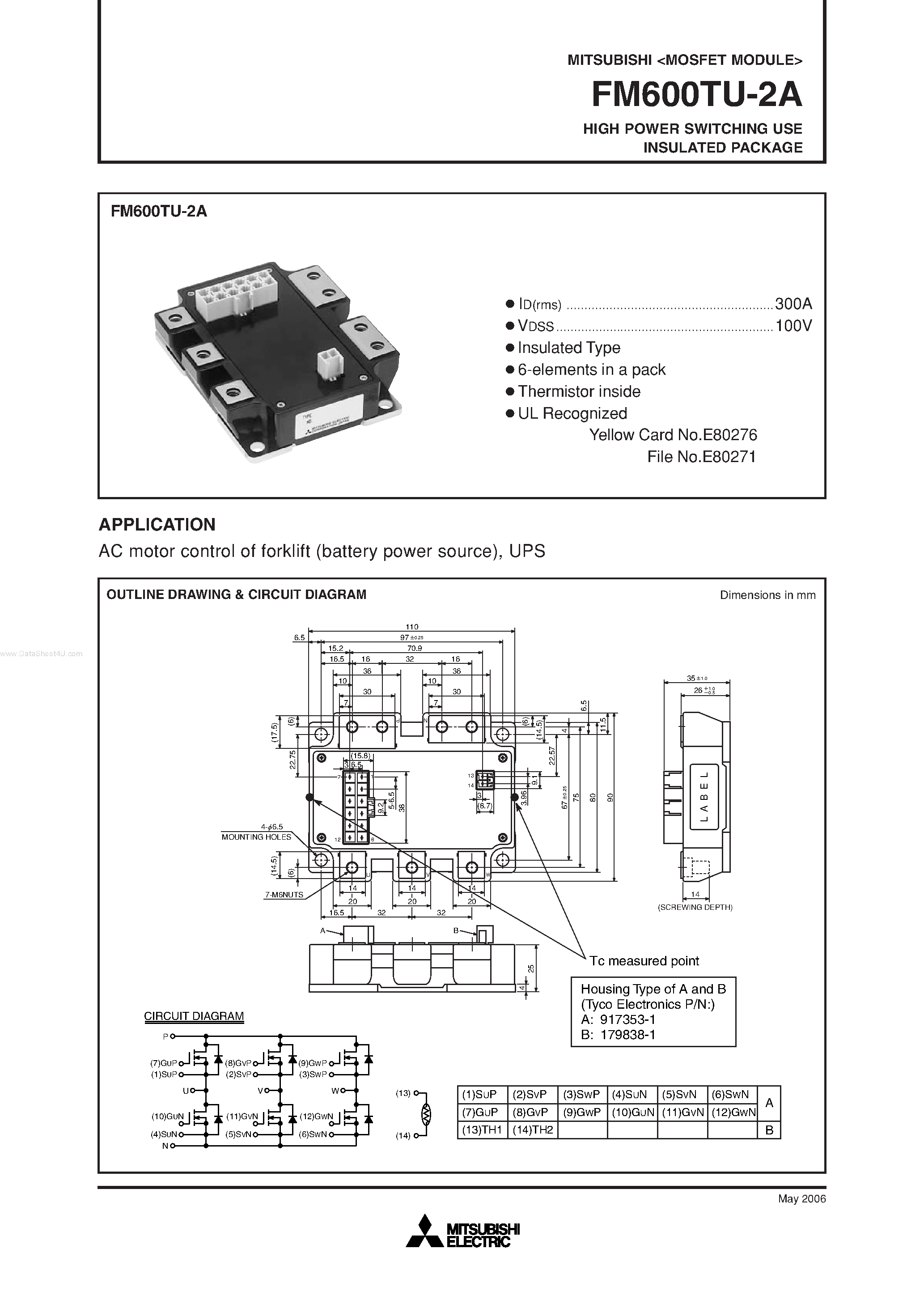 Даташит на микросхему FM600TU-2A страница 1 Даташит FM600TU-2A - HIGH POWER SWITCHING USE INSULATED PACKAGE страница 1
