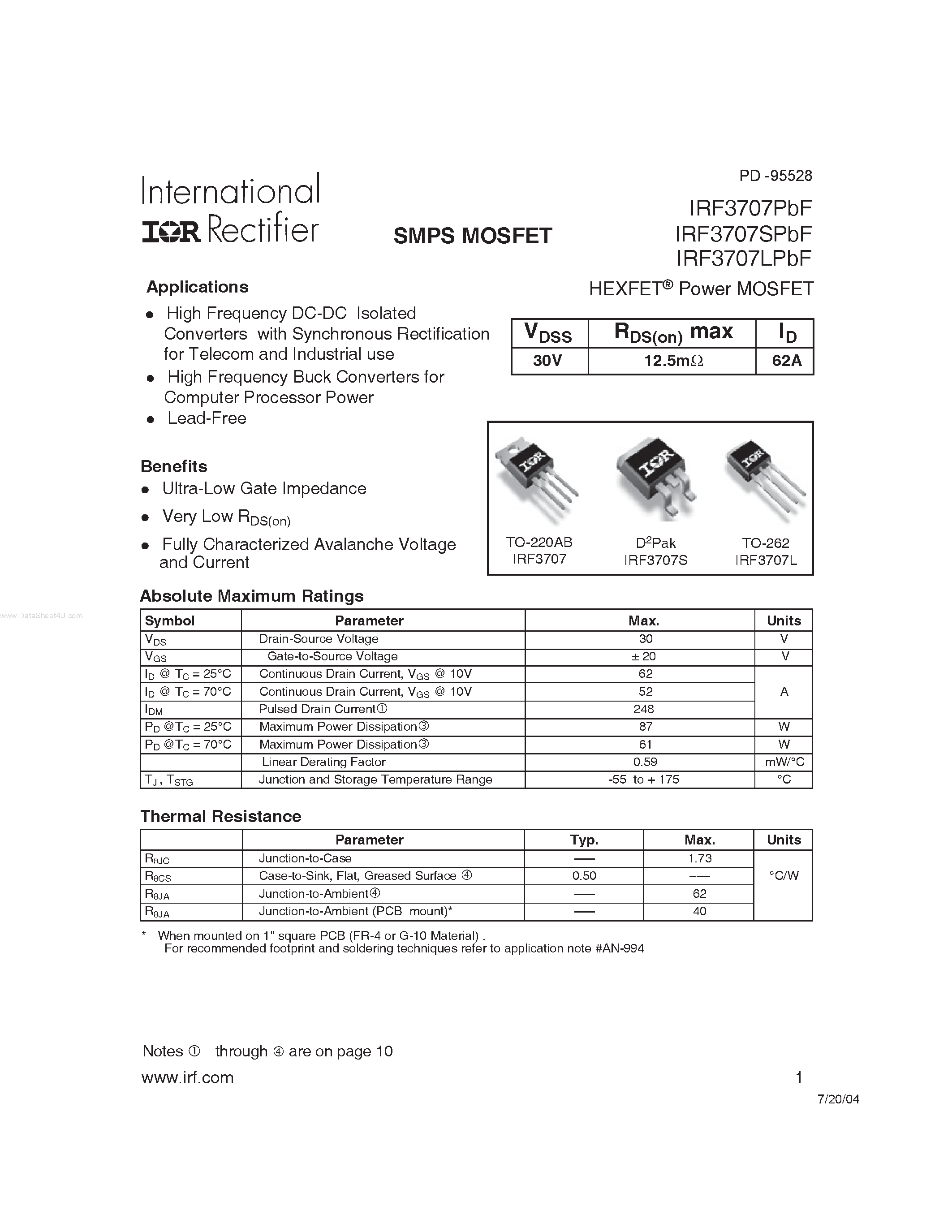 Datasheet IRF3707LPBF - HEXFET Power MOSFET page 1