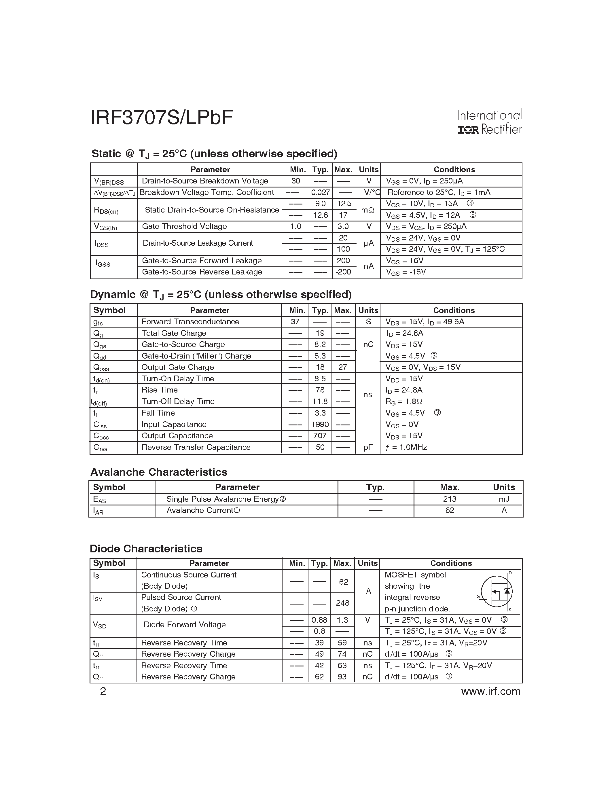 Datasheet IRF3707LPBF - HEXFET Power MOSFET page 2