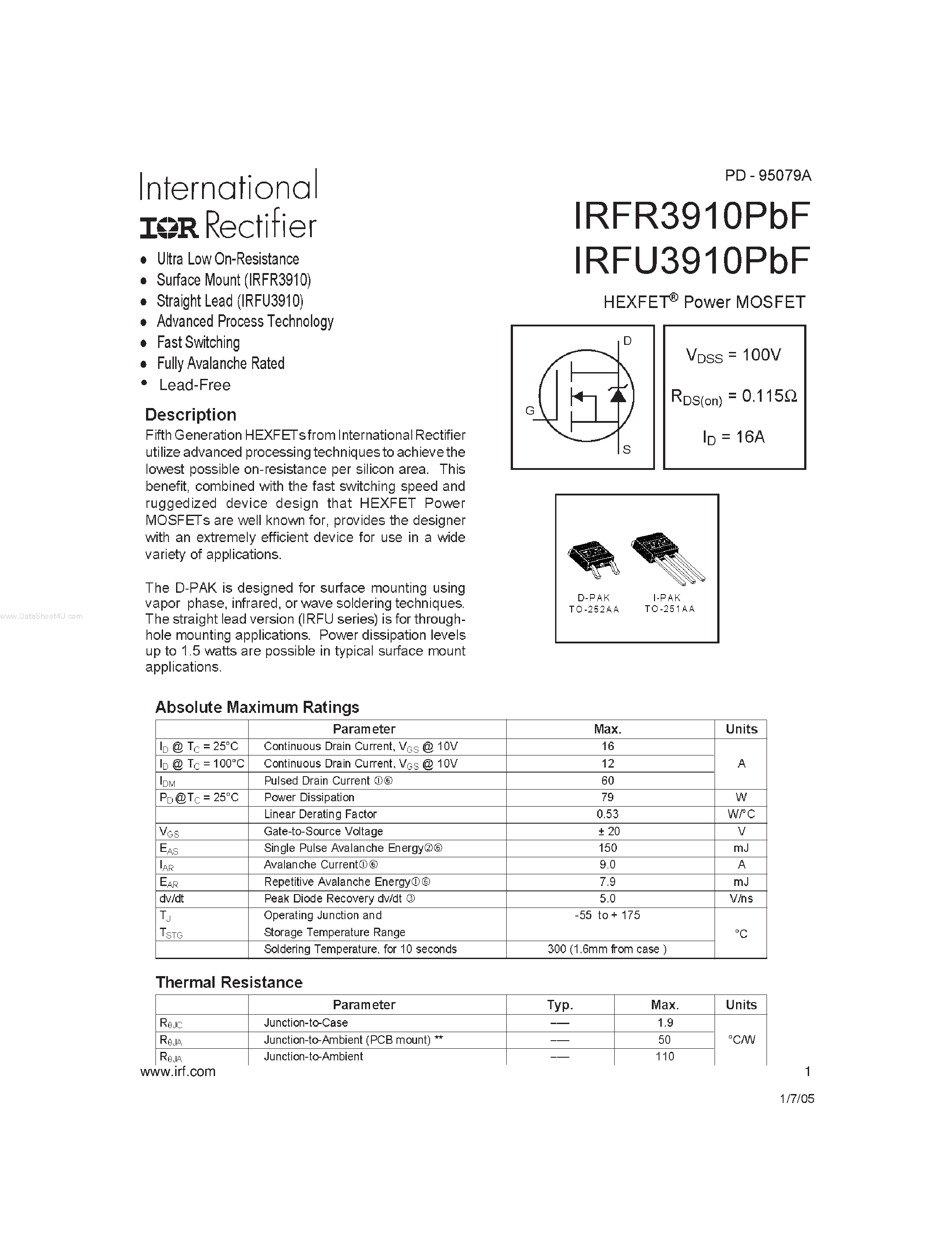 Datasheet IRFR3910PBF page 1 Datasheet IRFR3910PBF - HEXFET Power MOSFET page 1