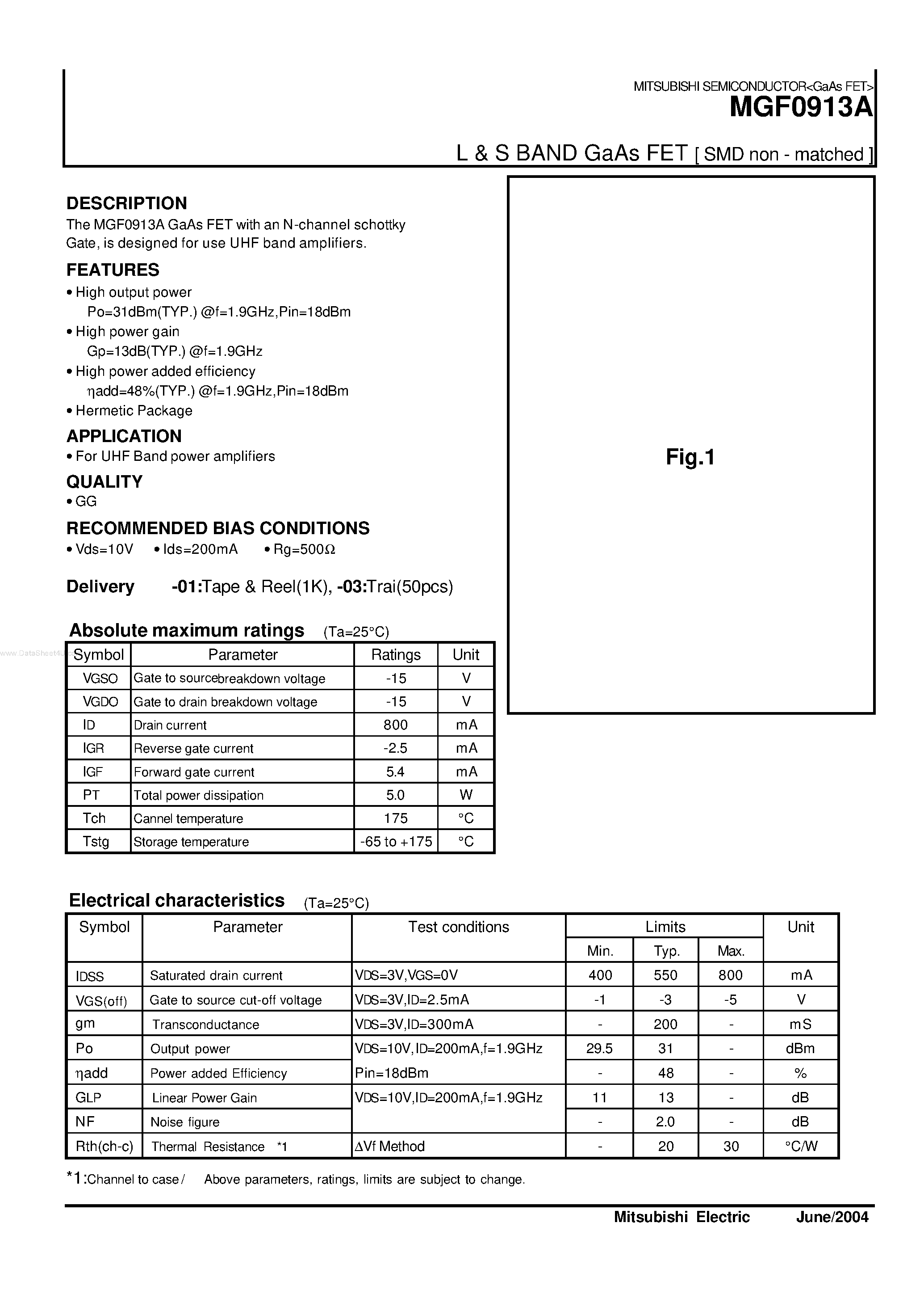 Datasheet MGF0913A - L & S BAND GaAs FET page 1