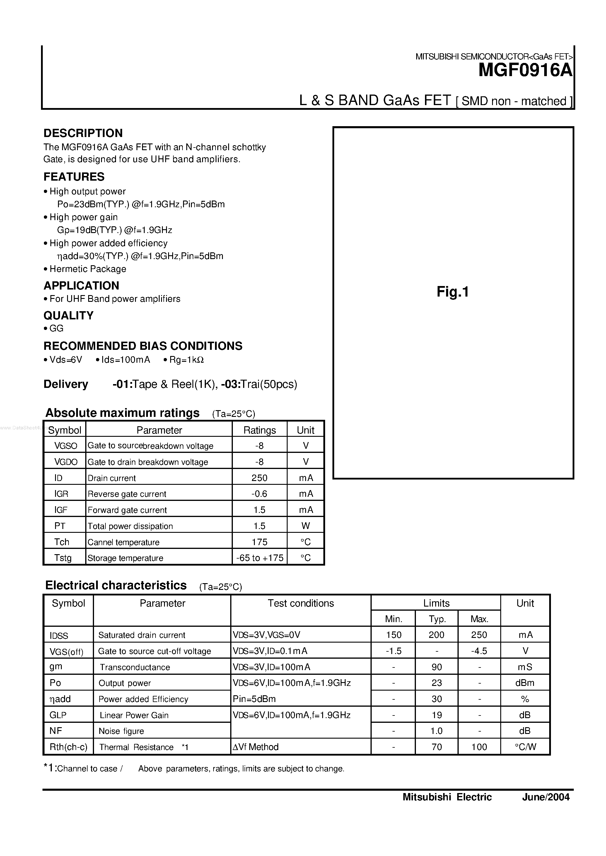 Datasheet MGF0916A page 1 Datasheet MGF0916A - L & S BAND GaAs FET page 1