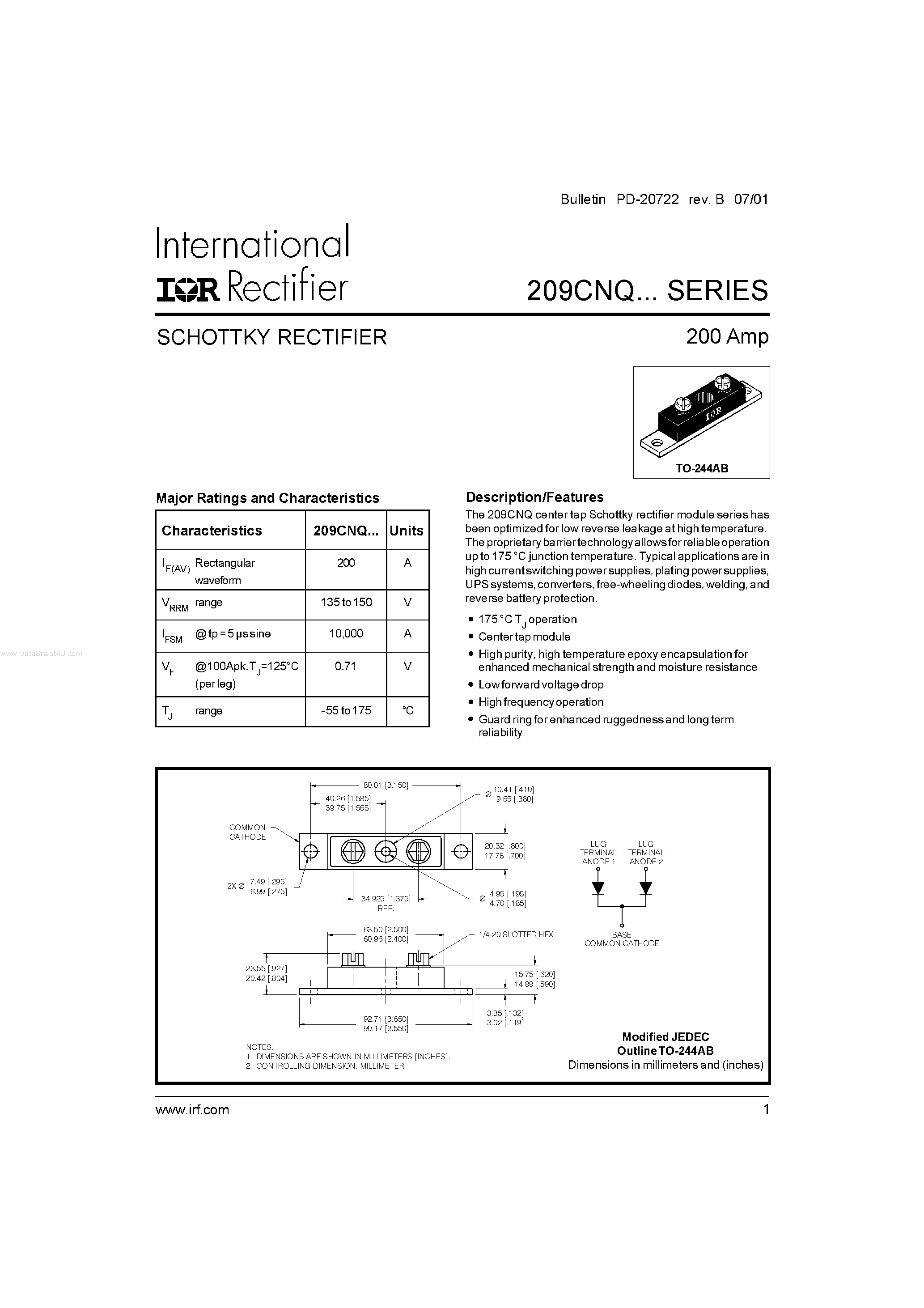 Datasheet 209CNQ - SCHOTTKY RECTIFIER page 1