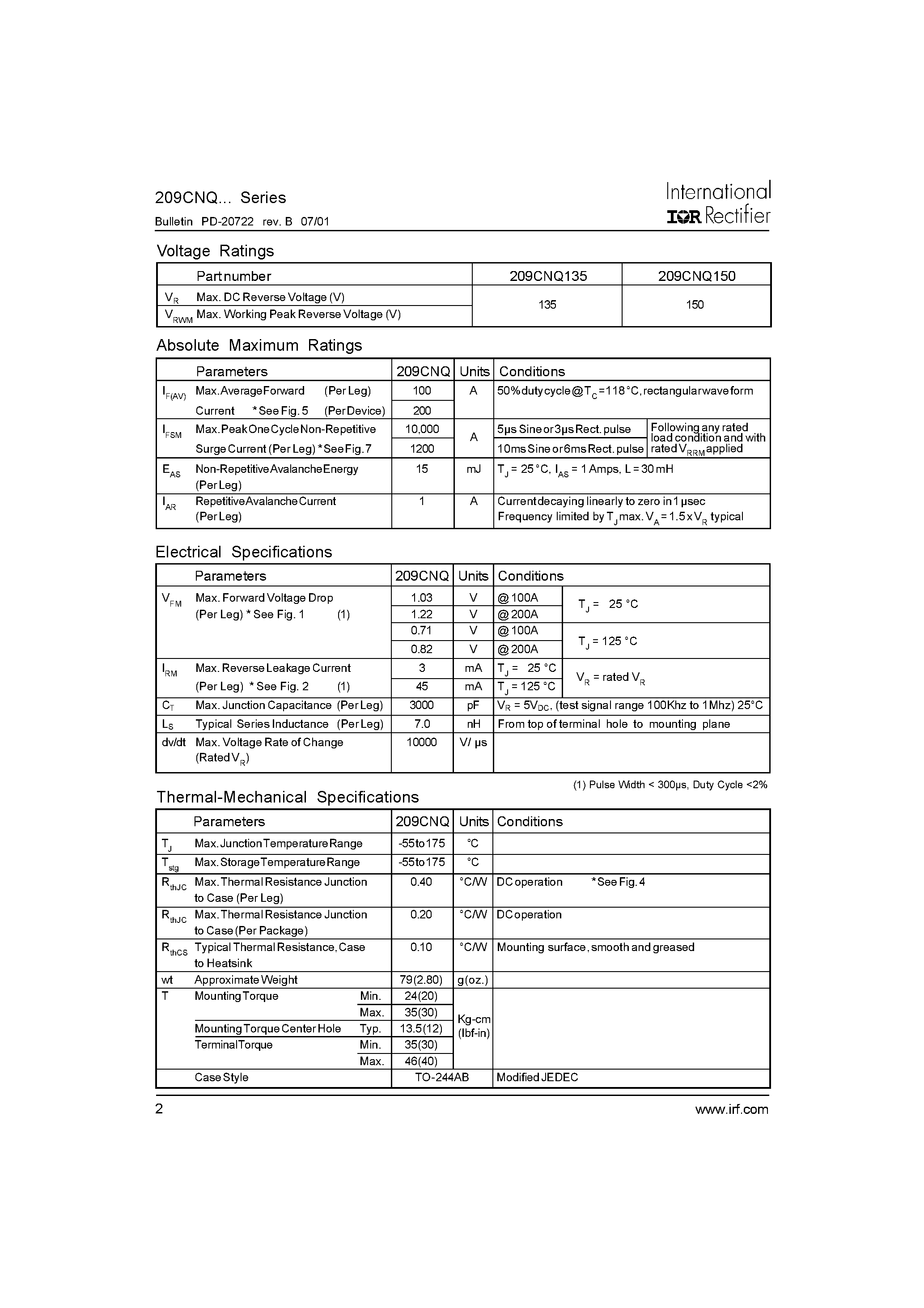 Datasheet 209CNQ - SCHOTTKY RECTIFIER page 2