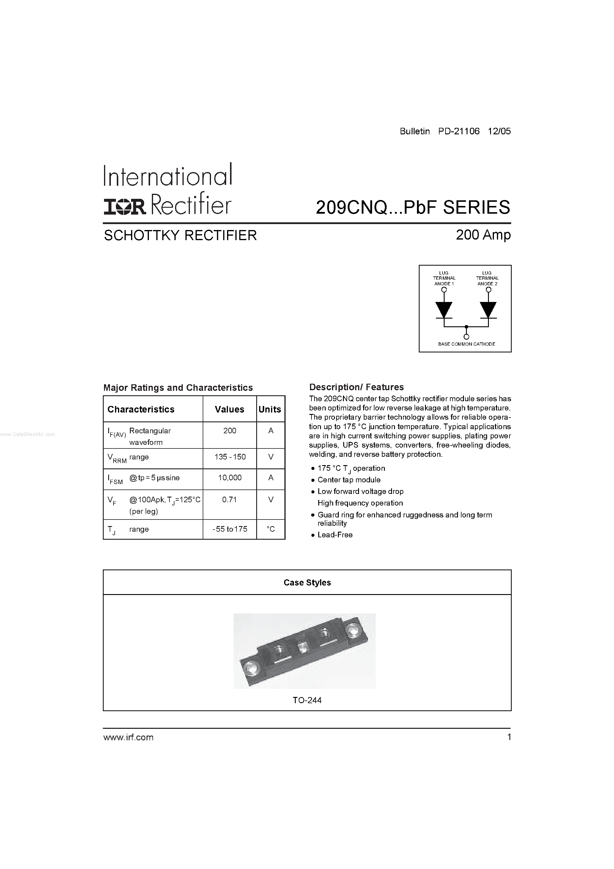 Datasheet 209CNQ135PBF - SCHOTTKY RECTIFIER page 1