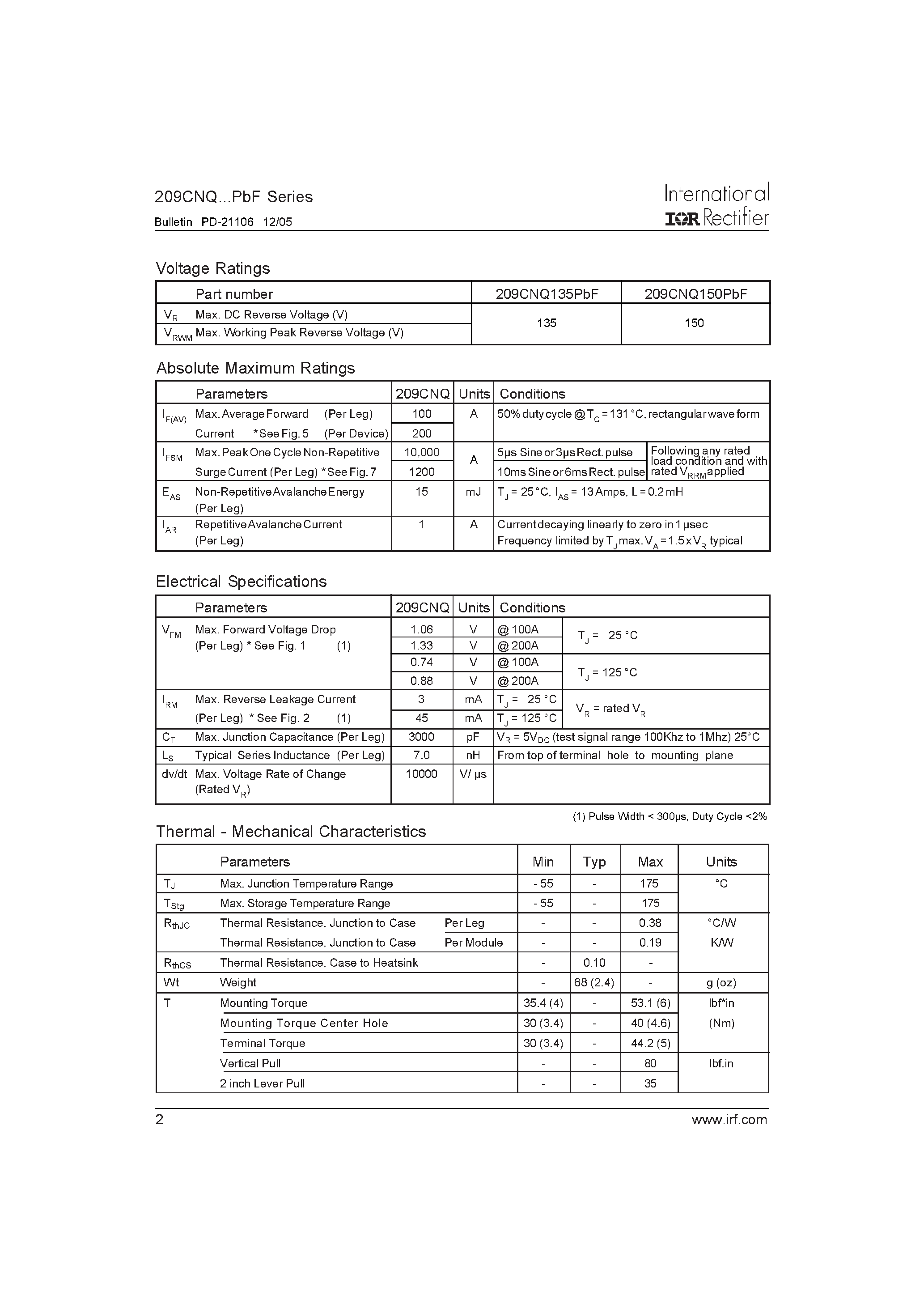Datasheet 209CNQ135PBF - SCHOTTKY RECTIFIER page 2
