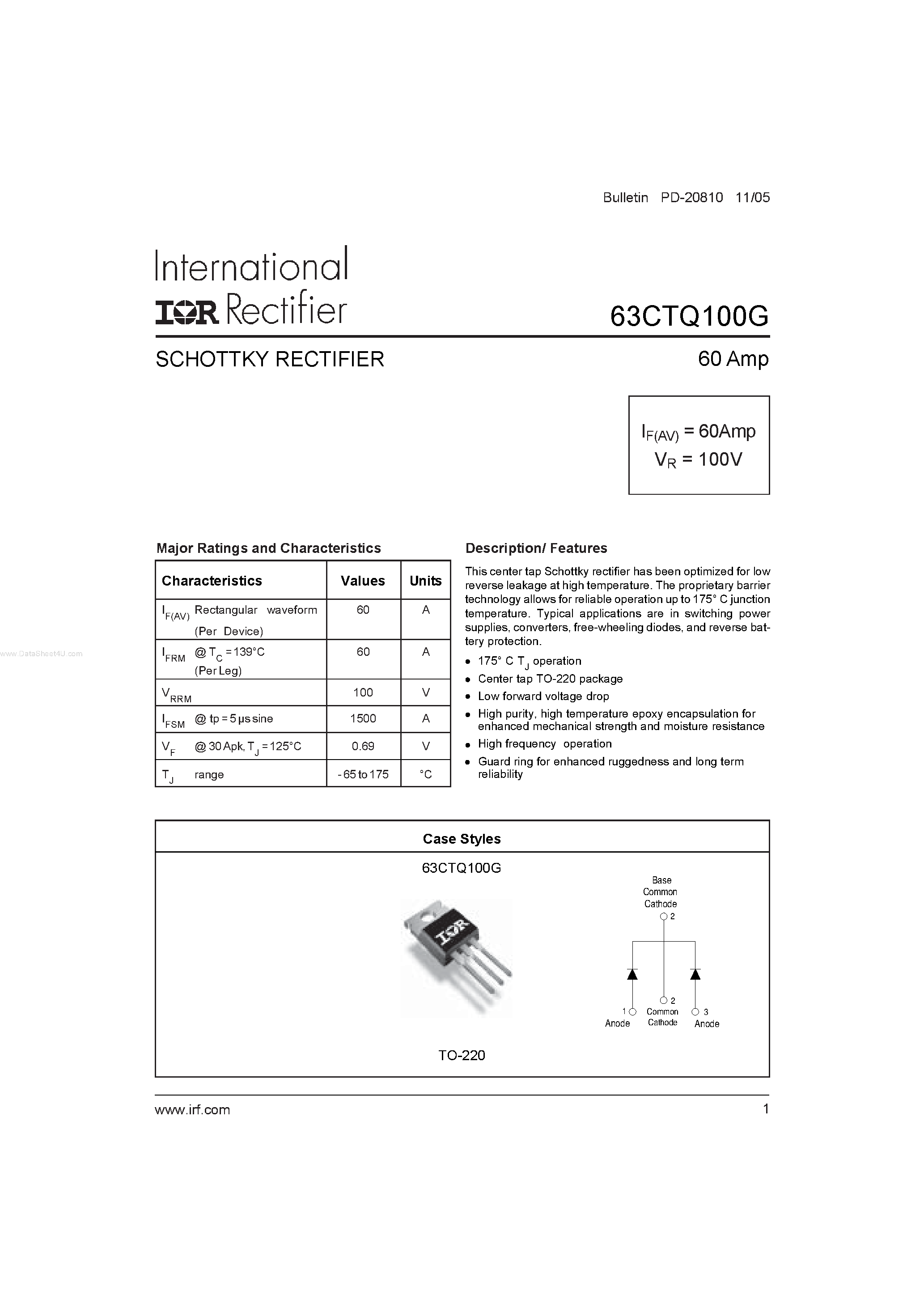 Datasheet 63CTQ100G - SCHOTTKY RECTIFIER page 1