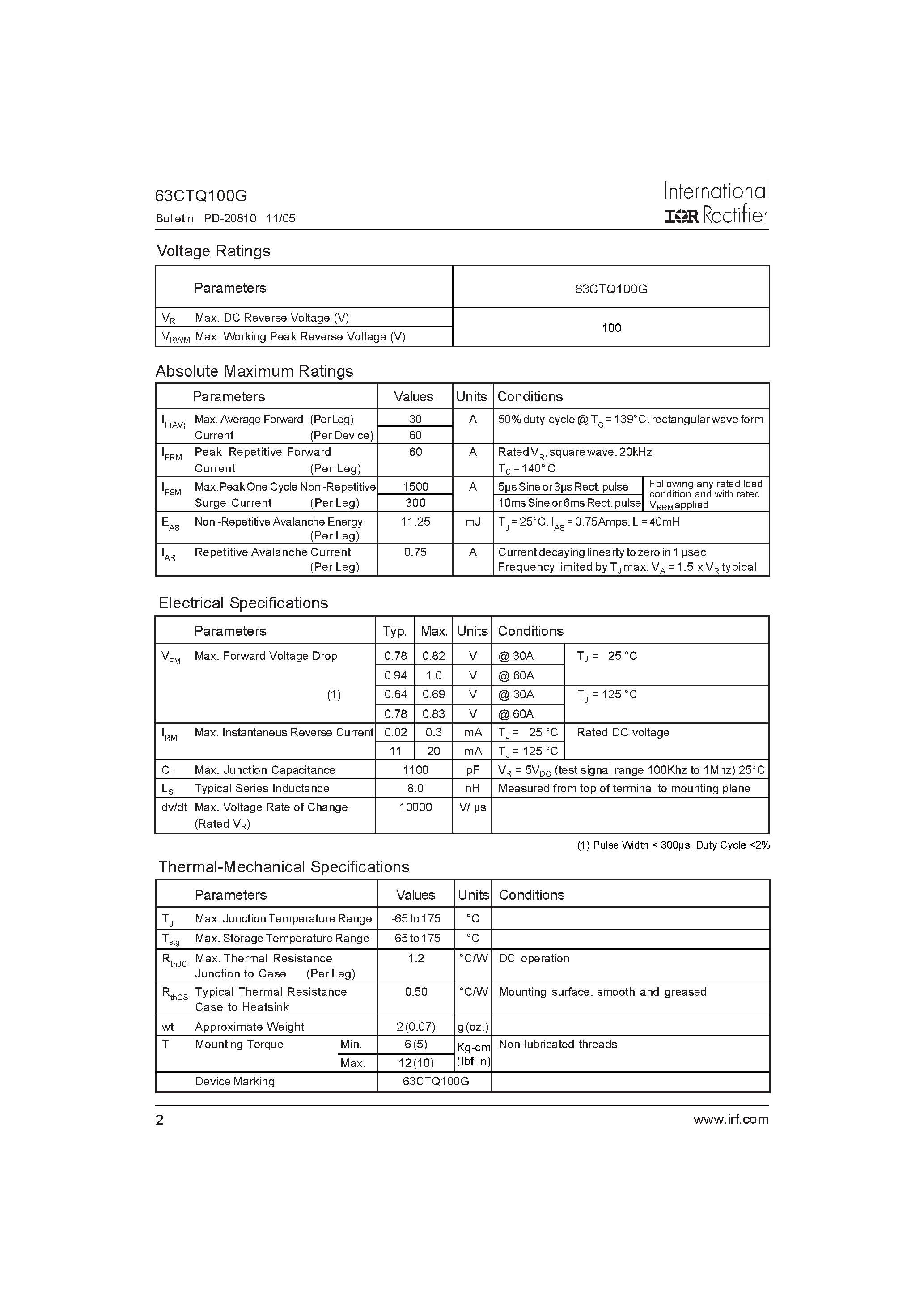 Datasheet 63CTQ100G - SCHOTTKY RECTIFIER page 2