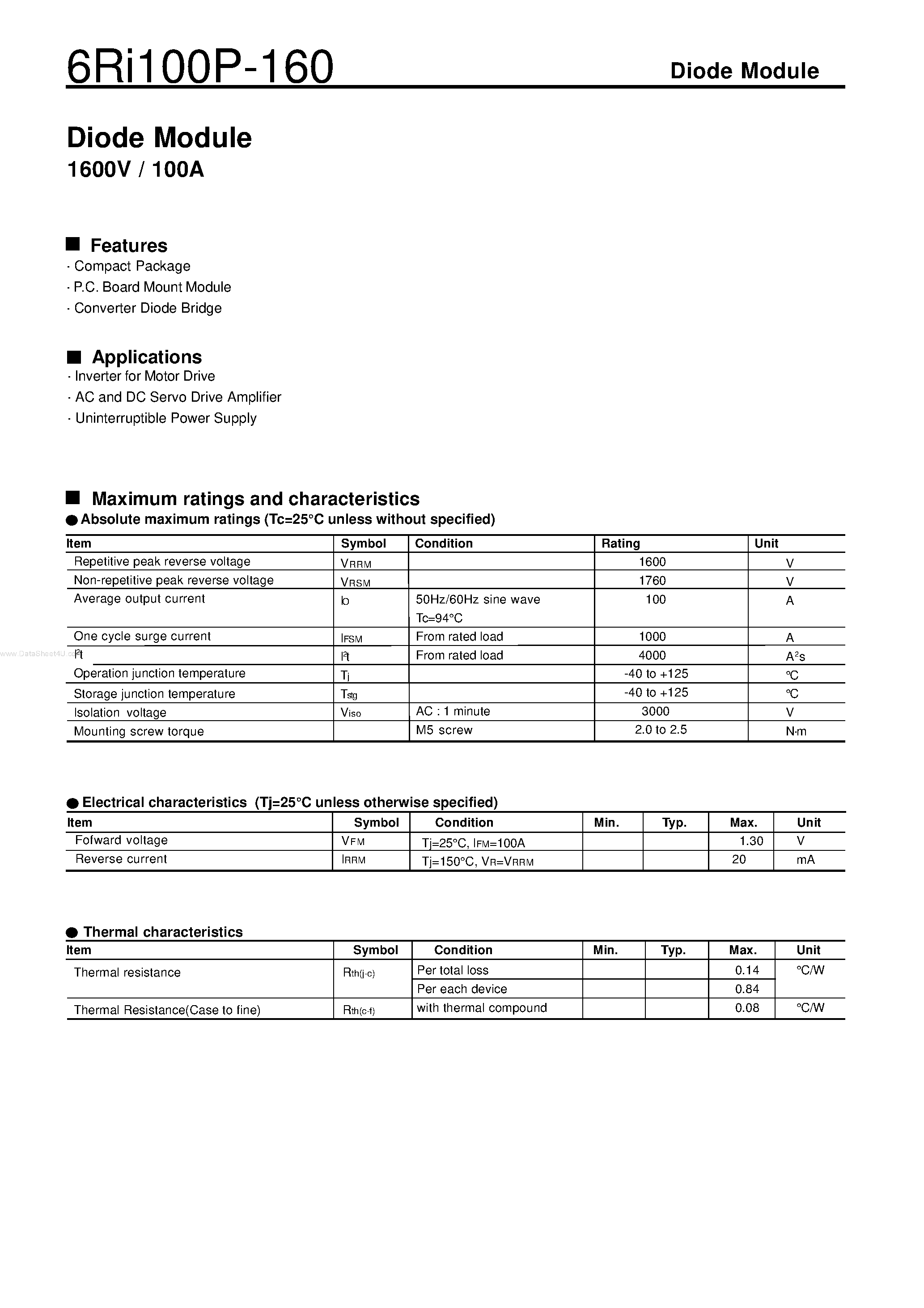 Datasheet 6RI100P-160 page 1 Datasheet 6RI100P-160 - Diode Module page 1