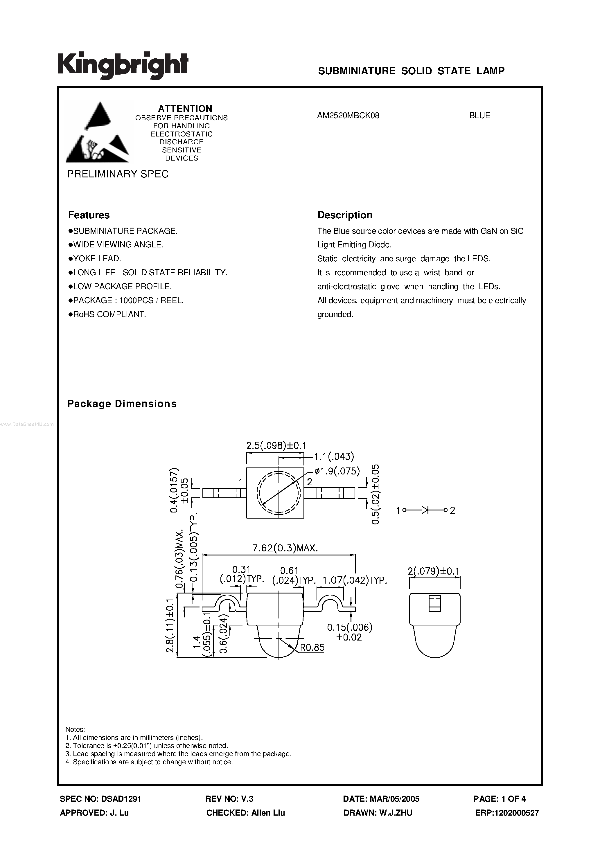 Datasheet AM2520MBCK08 - SUBMINIATURE SOLID STATE LAMP page 1