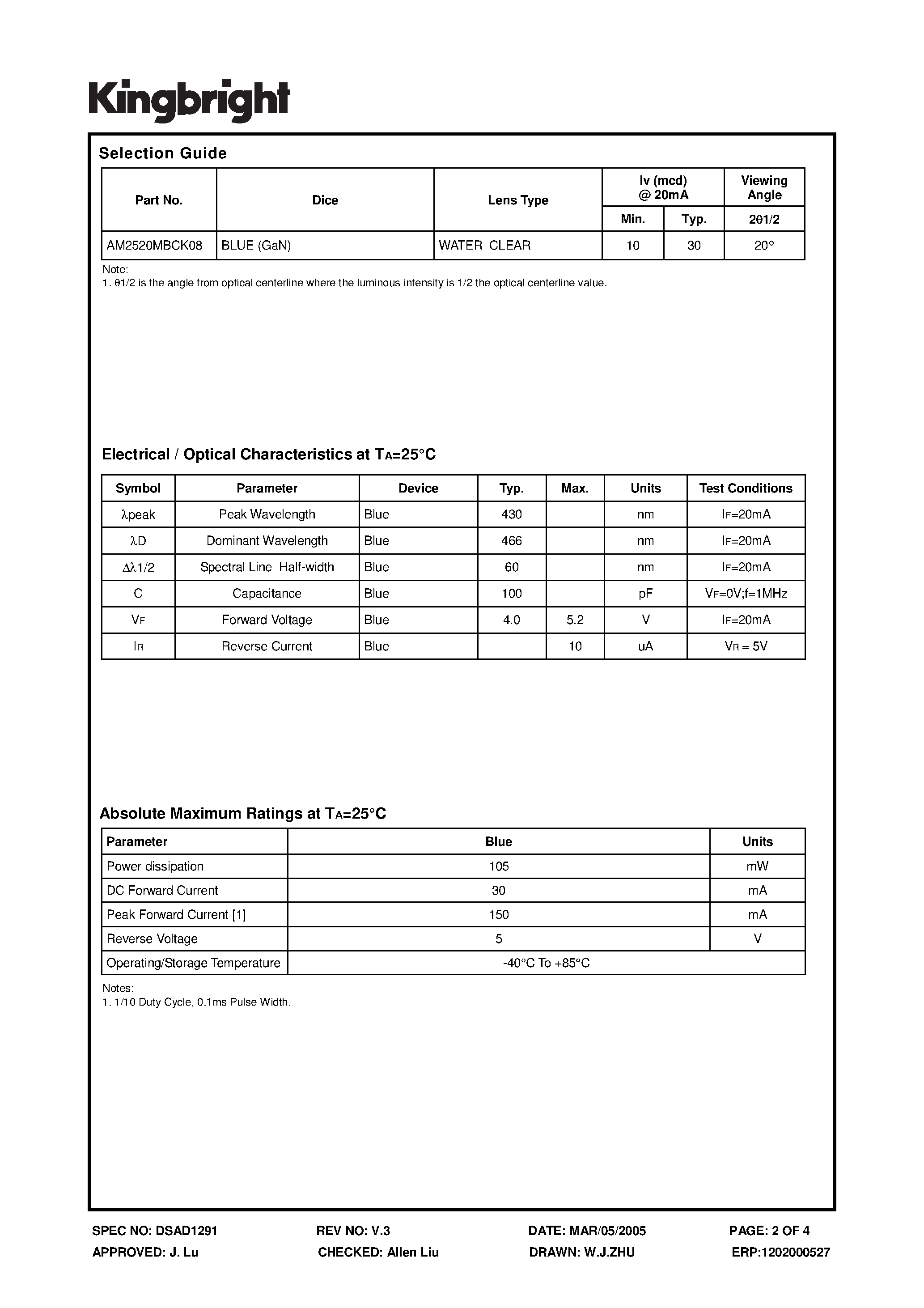 Datasheet AM2520MBCK08 - SUBMINIATURE SOLID STATE LAMP page 2