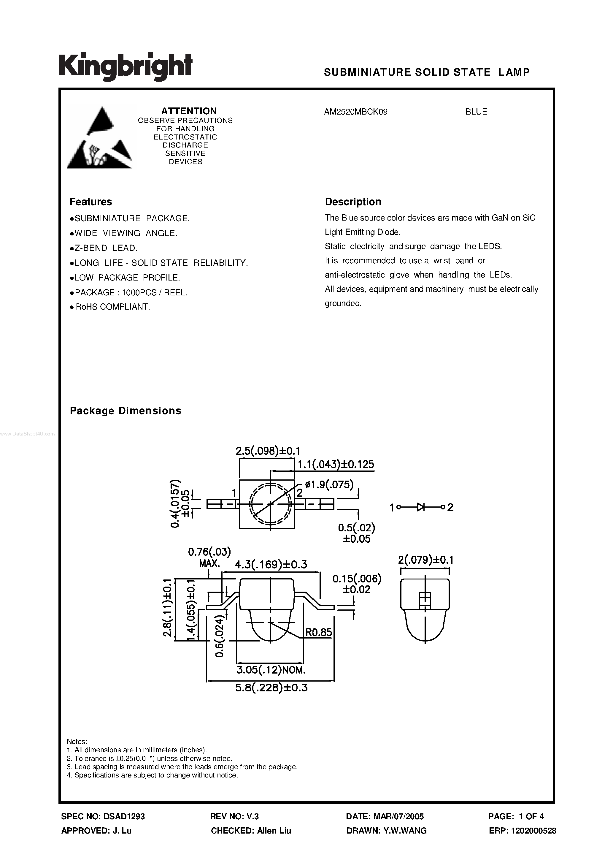 Datasheet AM2520MBCK09 - SUBMINIATURE SOLID STATE LAMP page 1