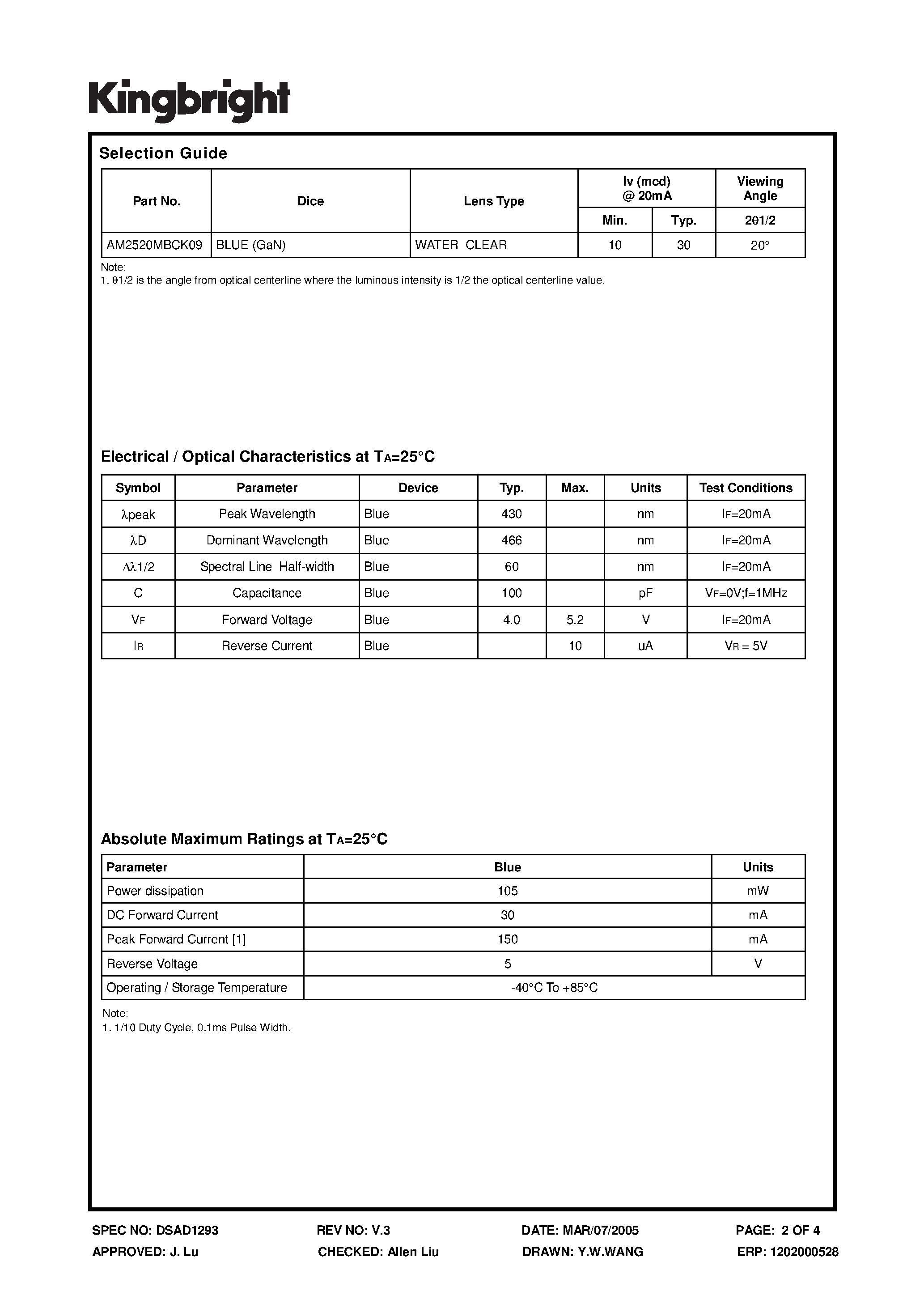 Datasheet AM2520MBCK09 - SUBMINIATURE SOLID STATE LAMP page 2