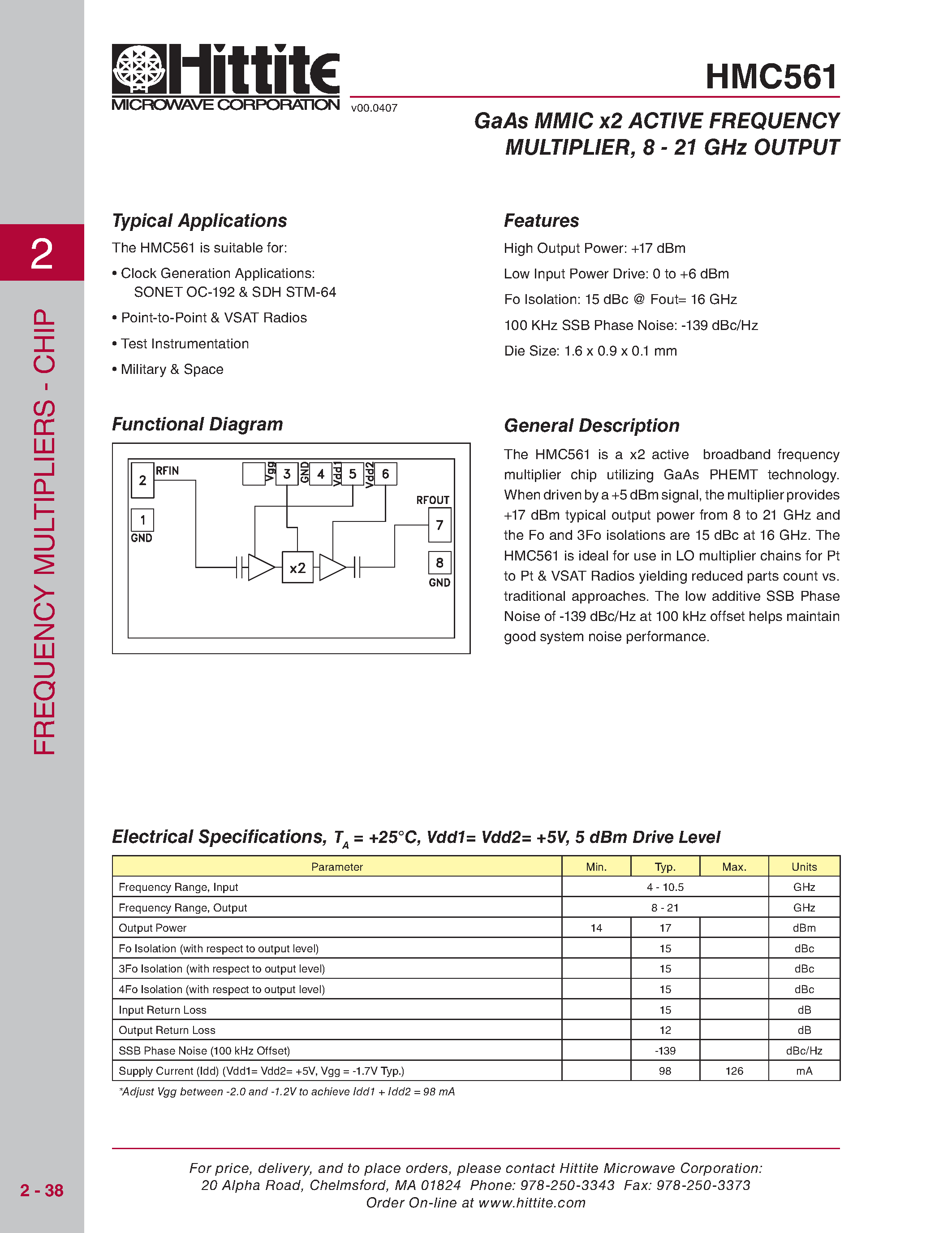 Даташит HMC561 - GaAs MMIC x2 ACTIVE FREQUENCY MULTIPLIER страница 1