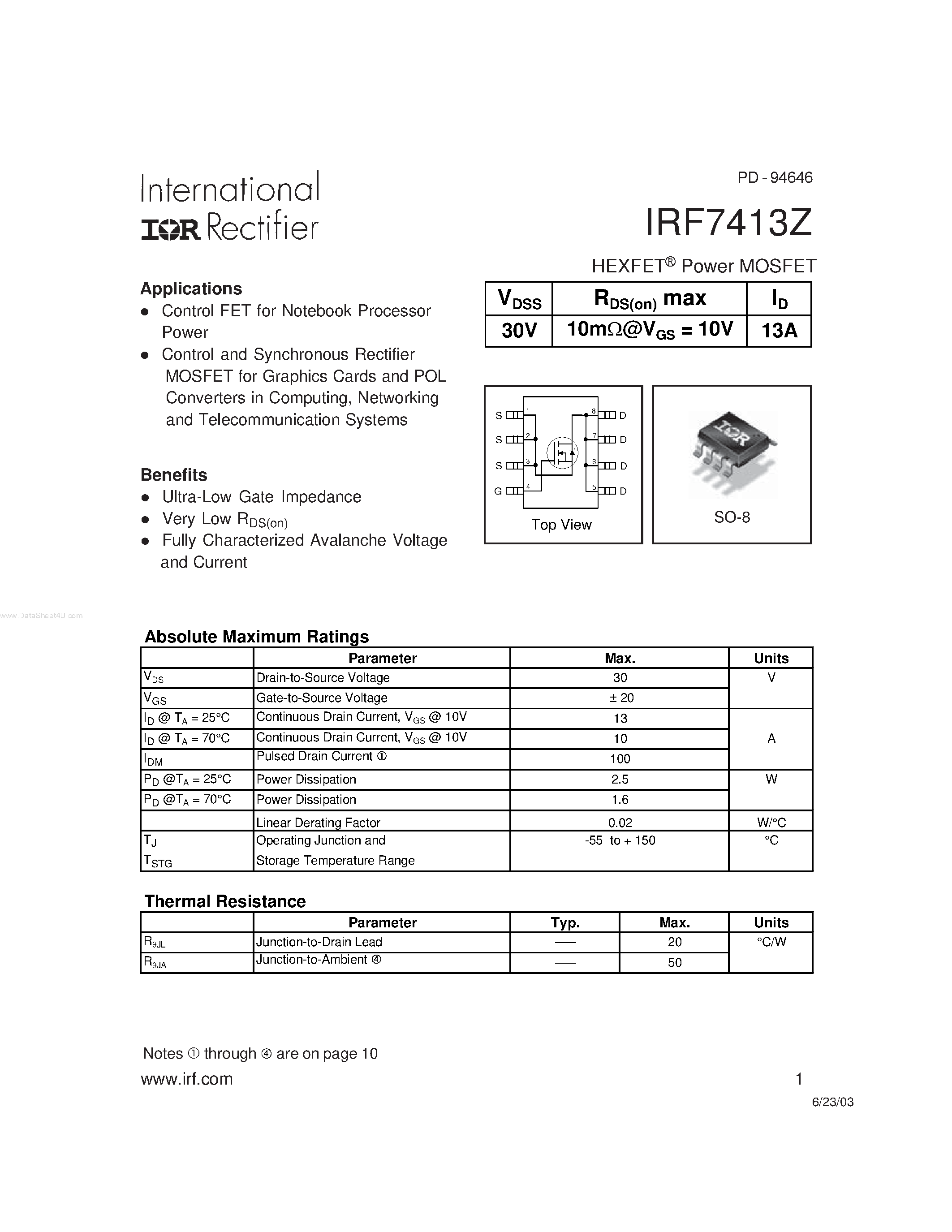 Datasheet IRF7413Z - HEXFET Power MOSFET page 1
