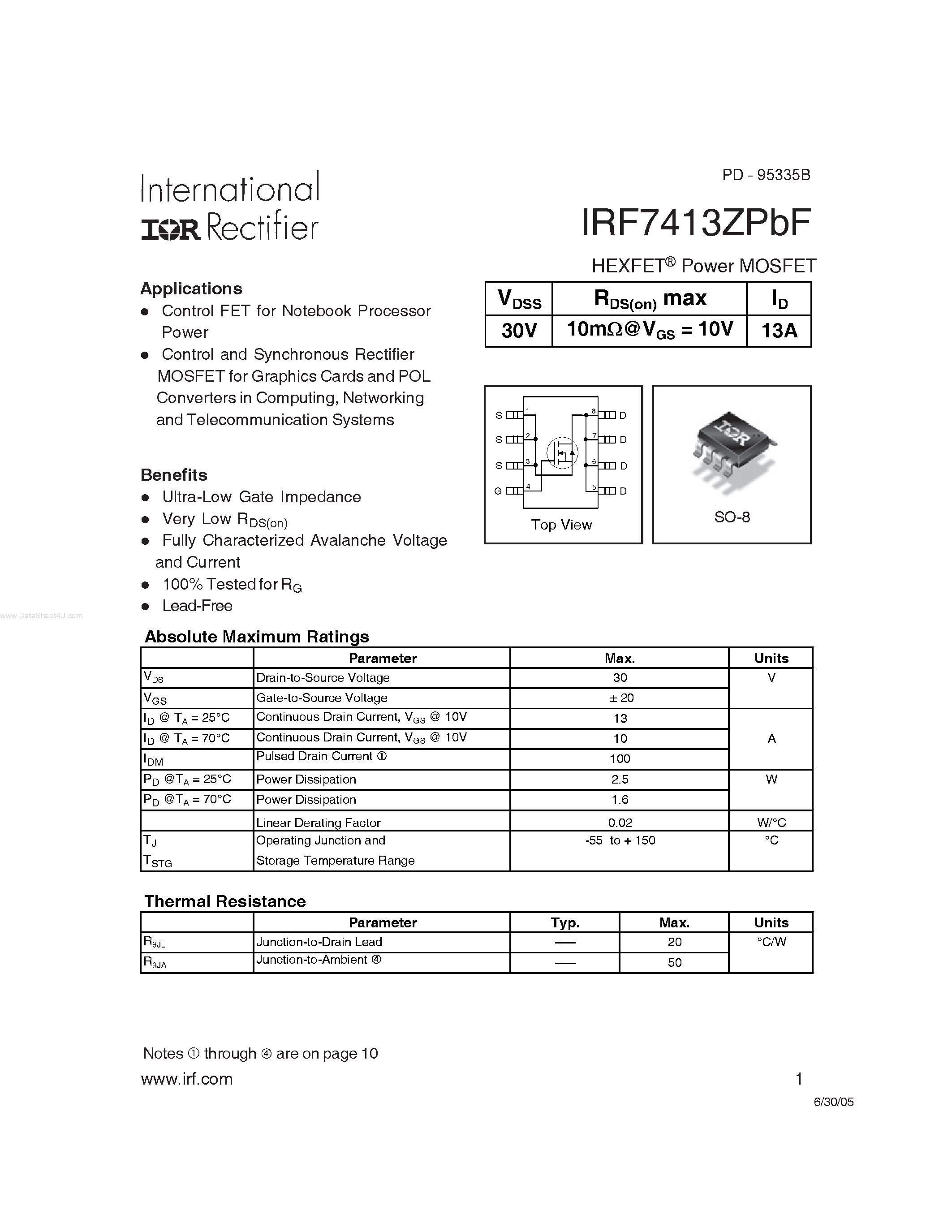Datasheet IRF7413ZPBF page 1 Datasheet IRF7413ZPBF - Control FET page 1