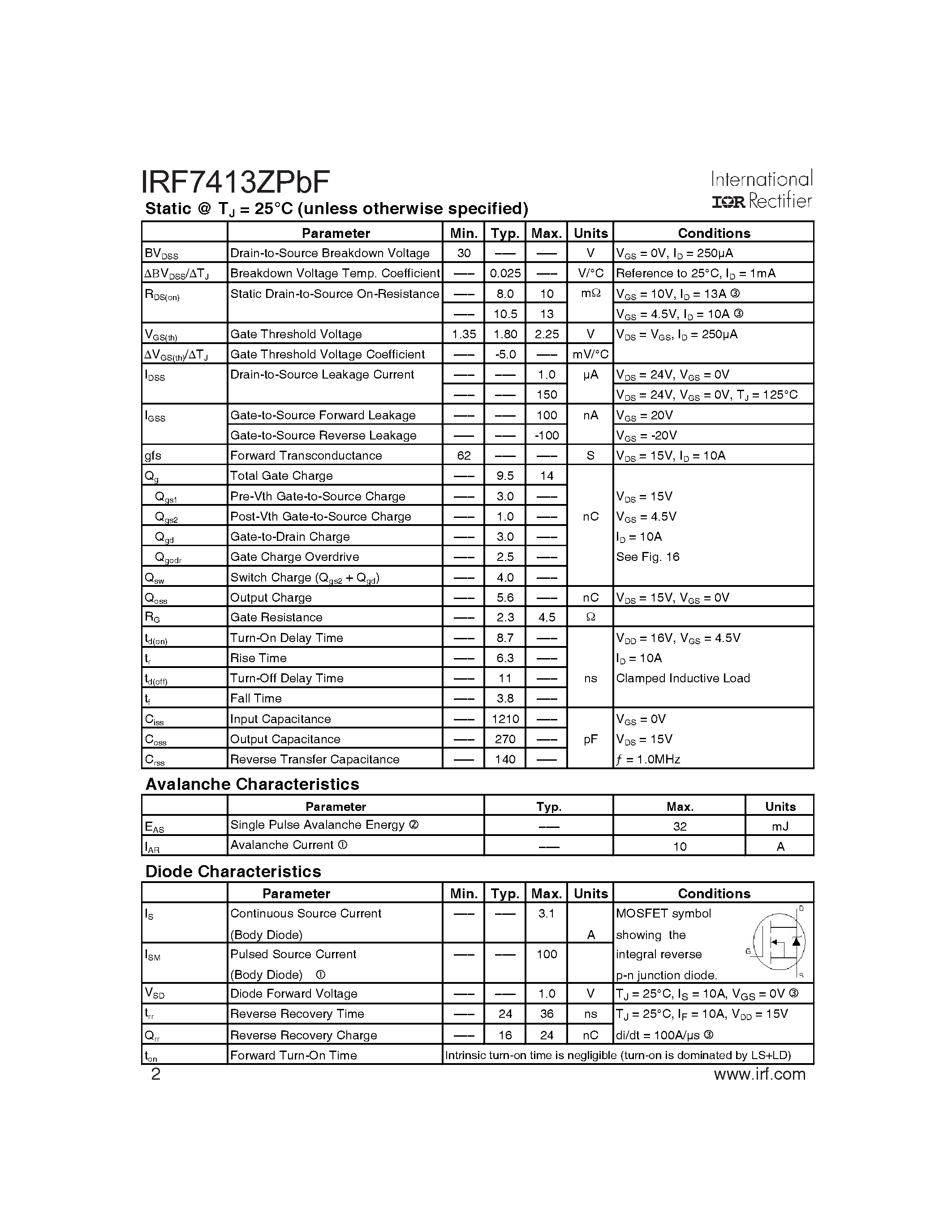 Datasheet IRF7413ZPBF page 2 Datasheet IRF7413ZPBF - Control FET page 2