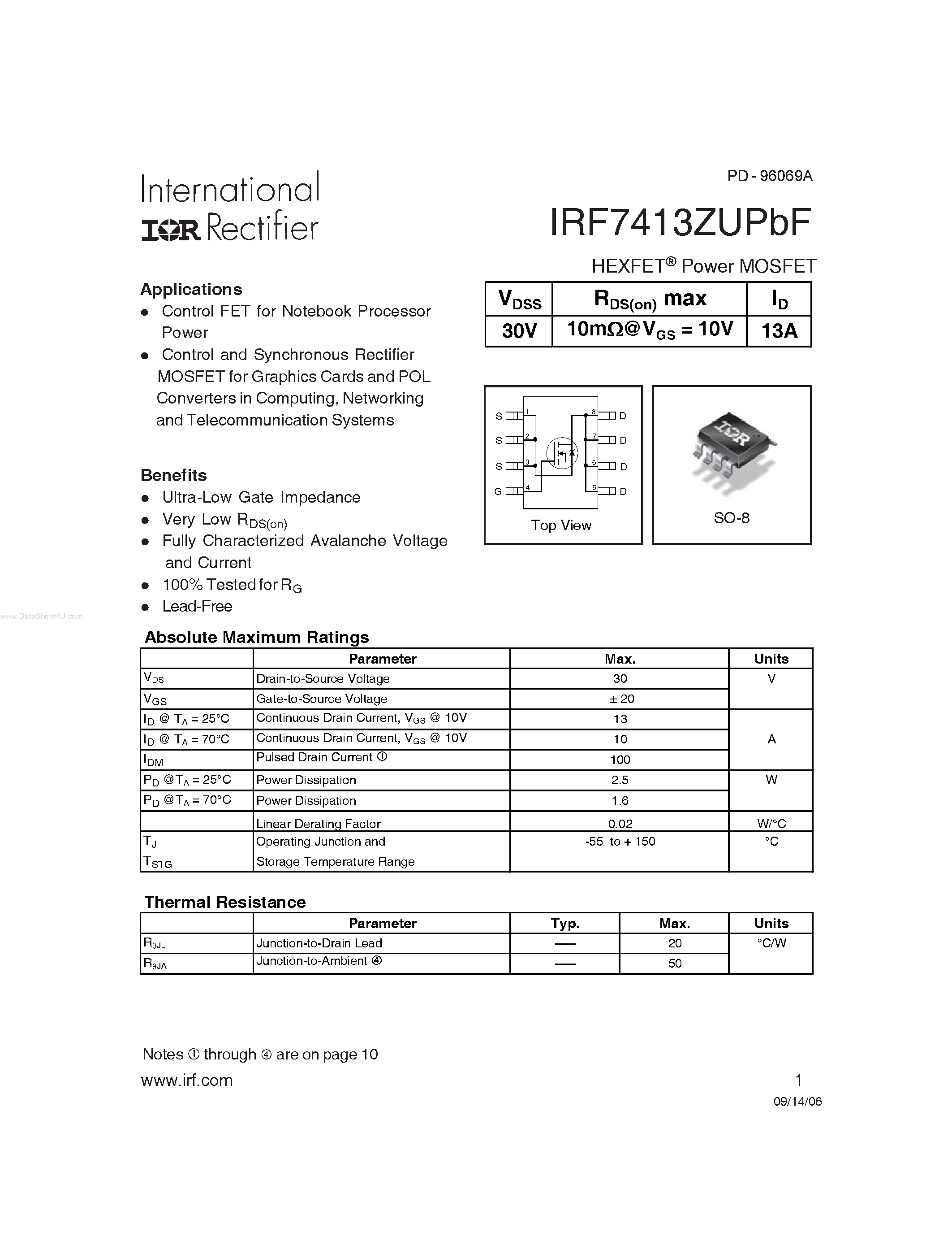 Datasheet IRF7413ZUPBF - HEXFT Power MOSFET page 1