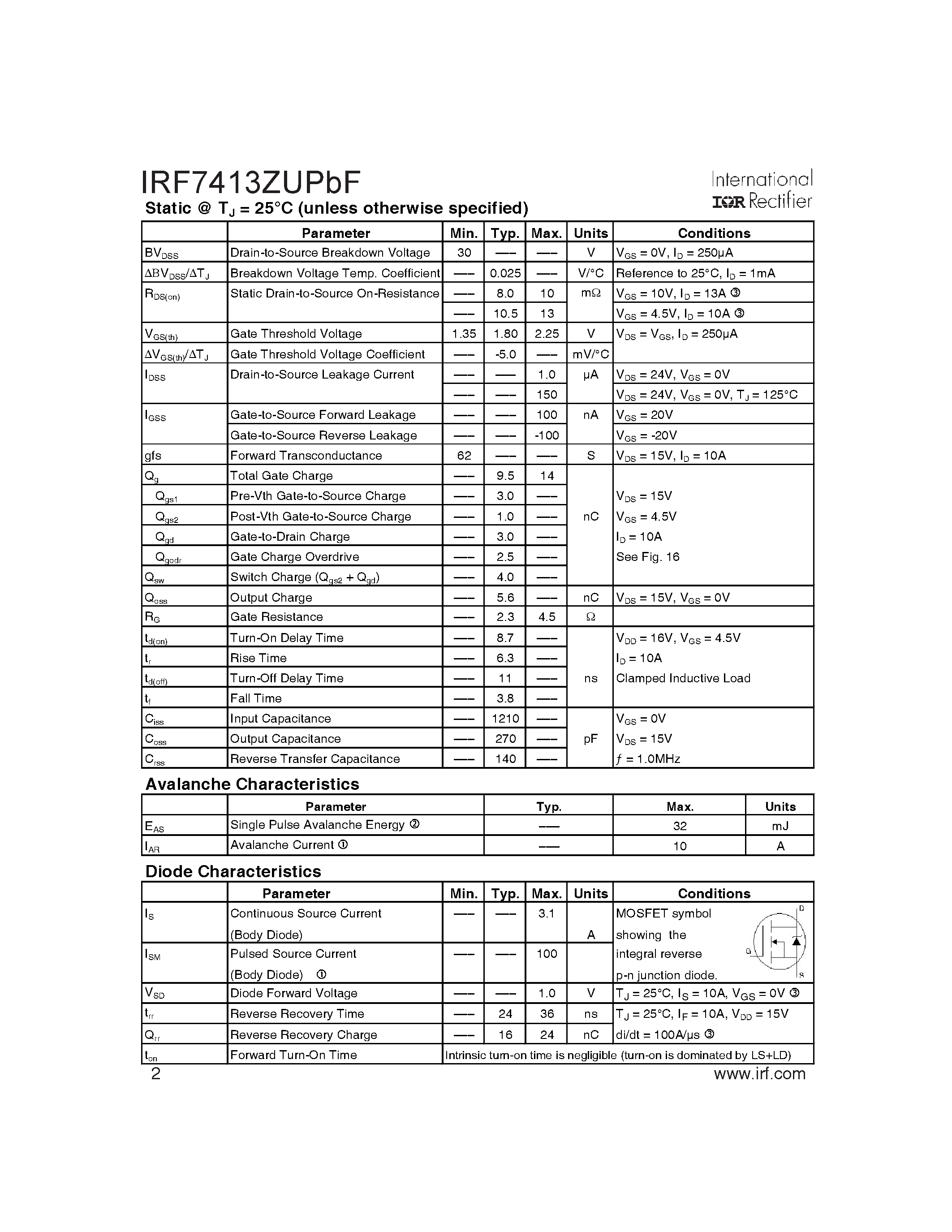 Datasheet IRF7413ZUPBF - HEXFT Power MOSFET page 2