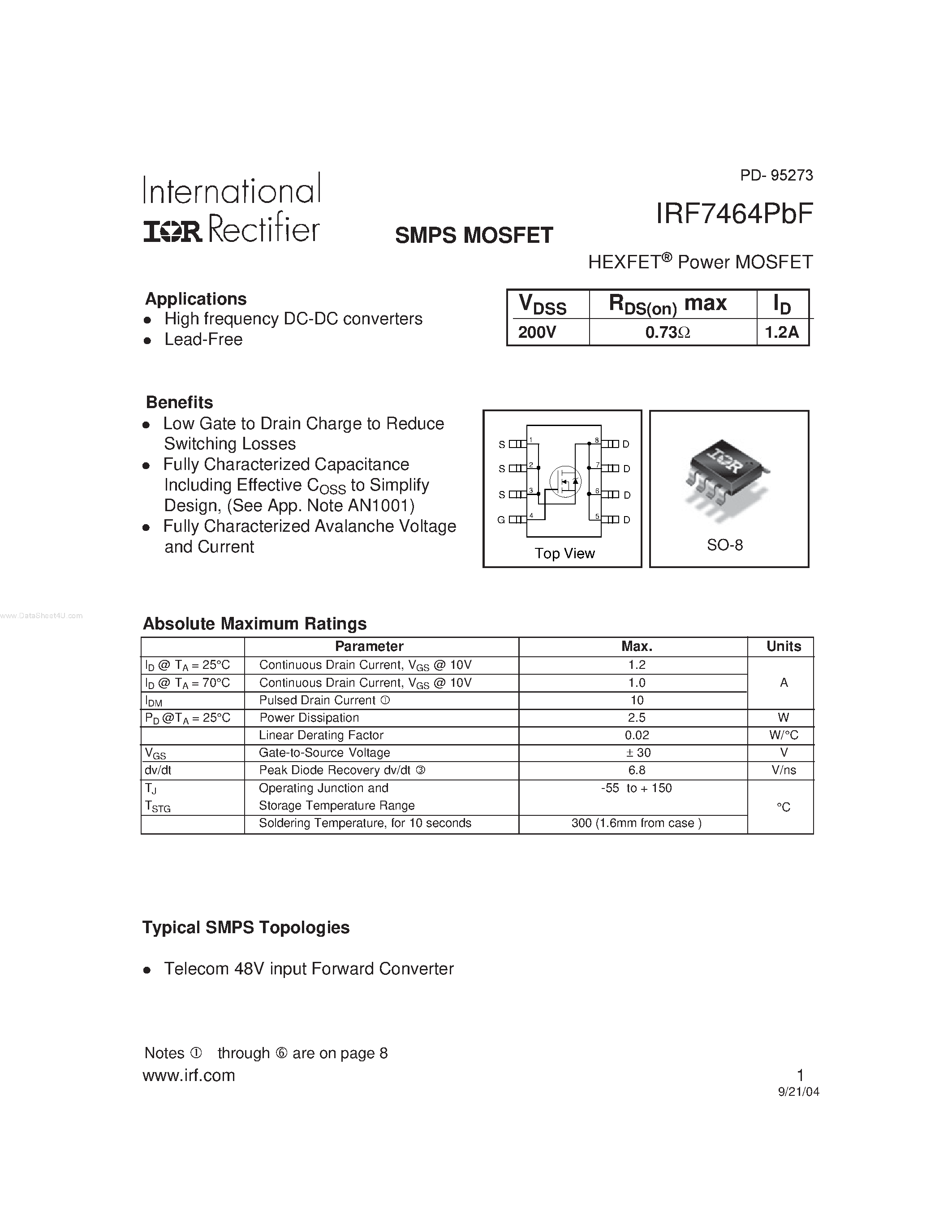 Datasheet IRF7464PBF - HEXET Power MOSFET page 1