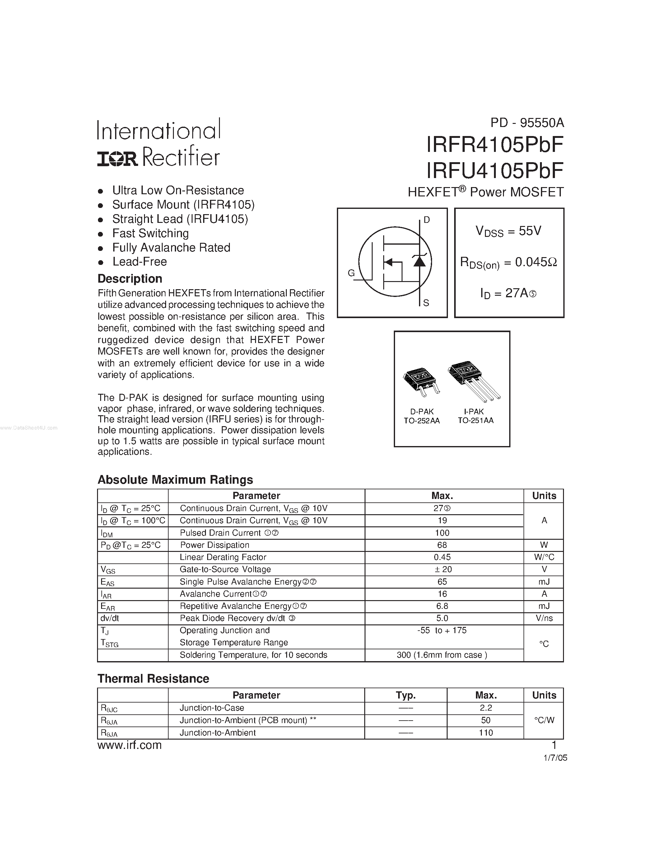 Datasheet IRFR4105PBF page 1 Datasheet IRFR4105PBF - HEXFET Power MOSFET page 1