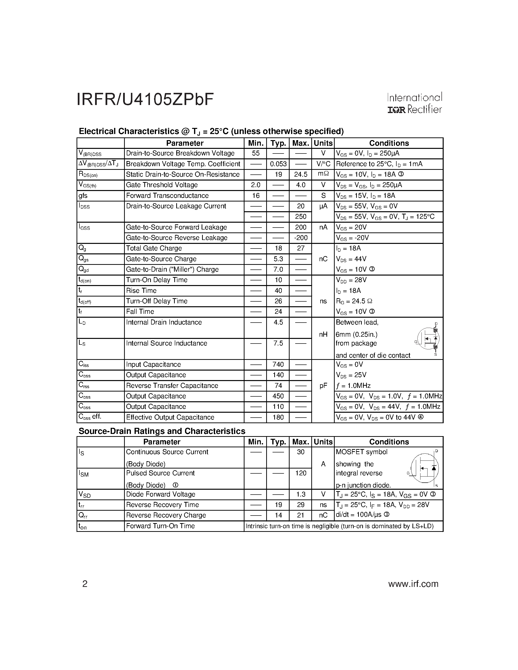 Datasheet IRFR4105ZPBF - AUTOMOTIVE MOSFET page 2