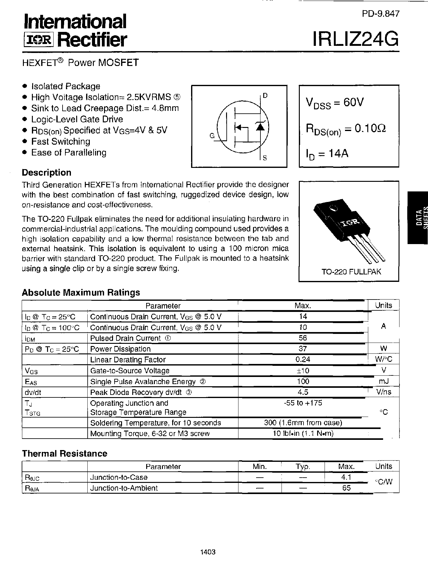 Даташит IRLIZ24G - HEXFET POWER MOSFET страница 1