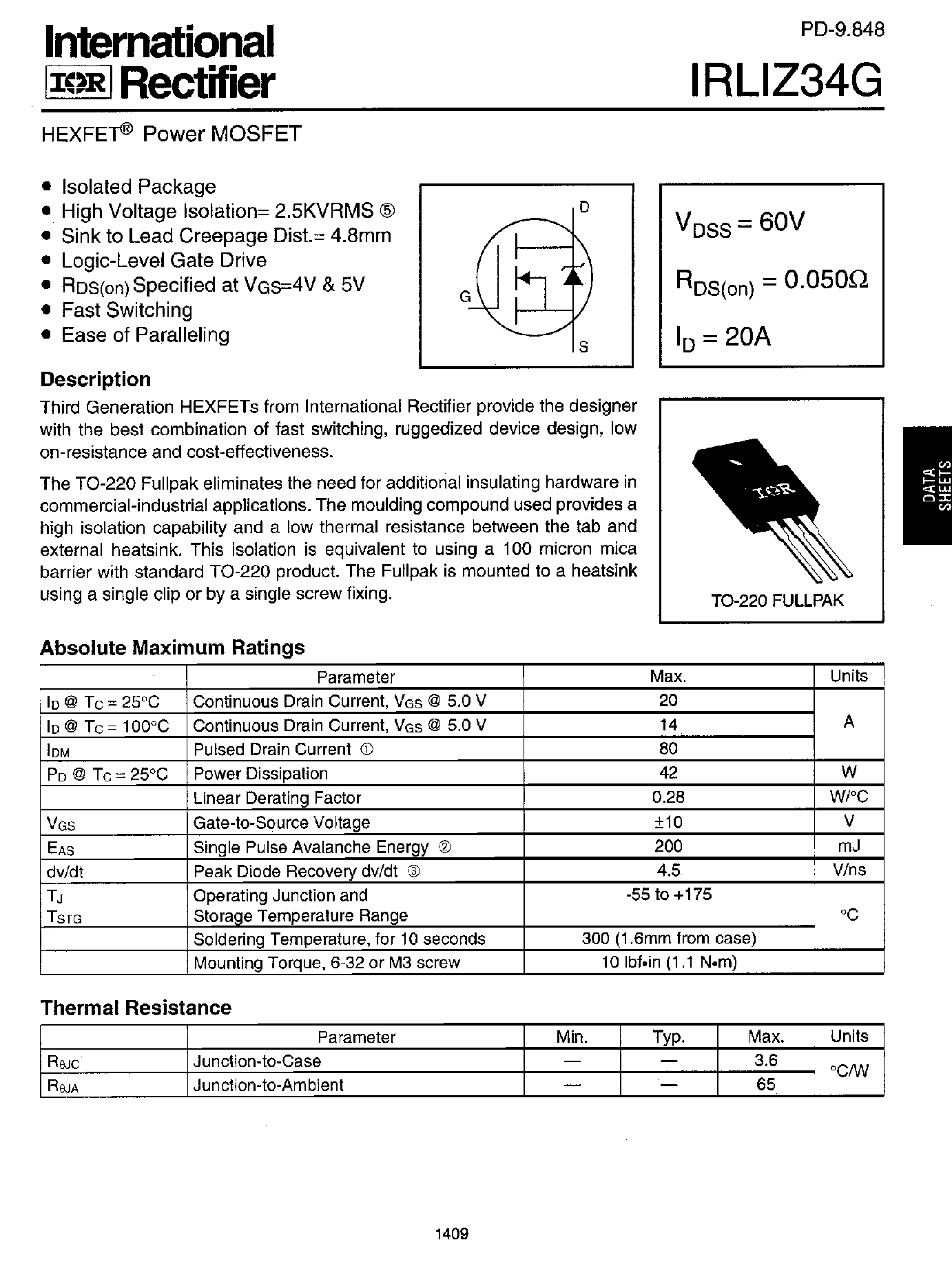 Даташит IRLIZ34G - POWER MOSFET страница 1