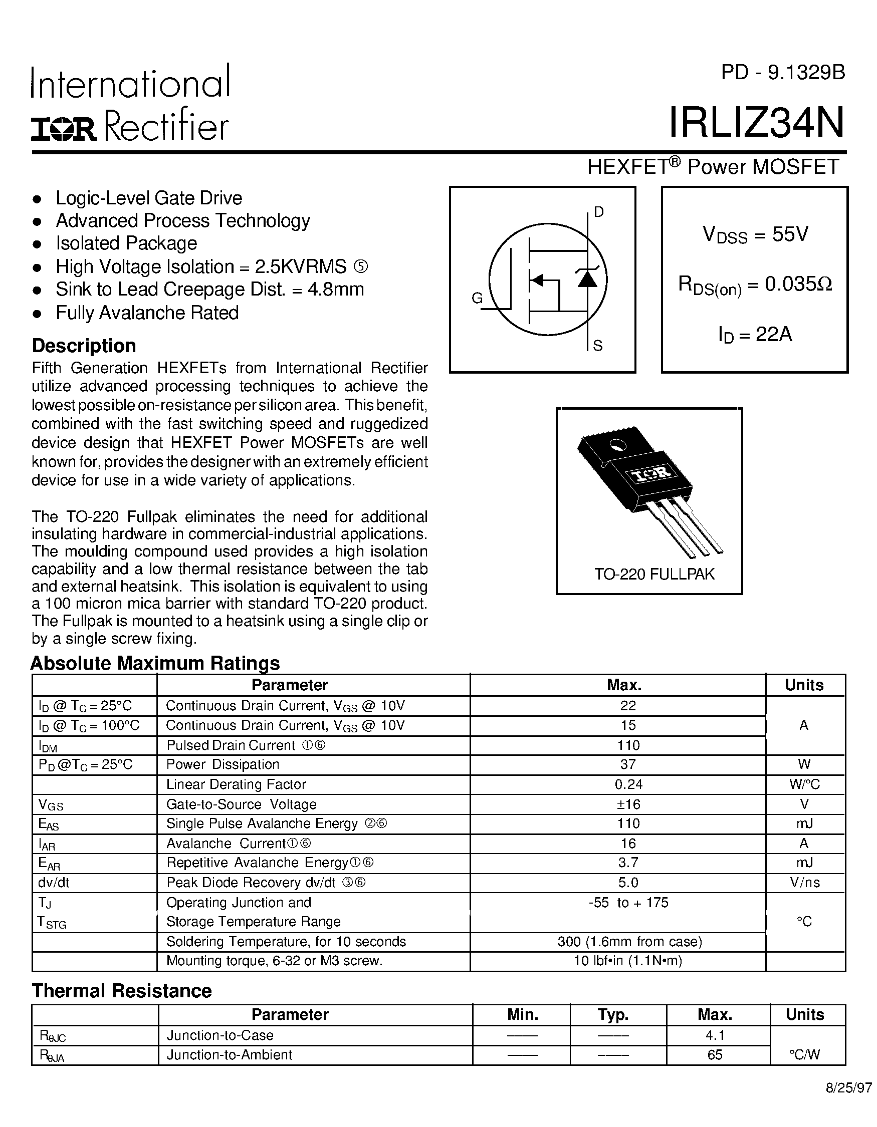 Даташит IRLIZ34N - POWER MOSFET страница 1