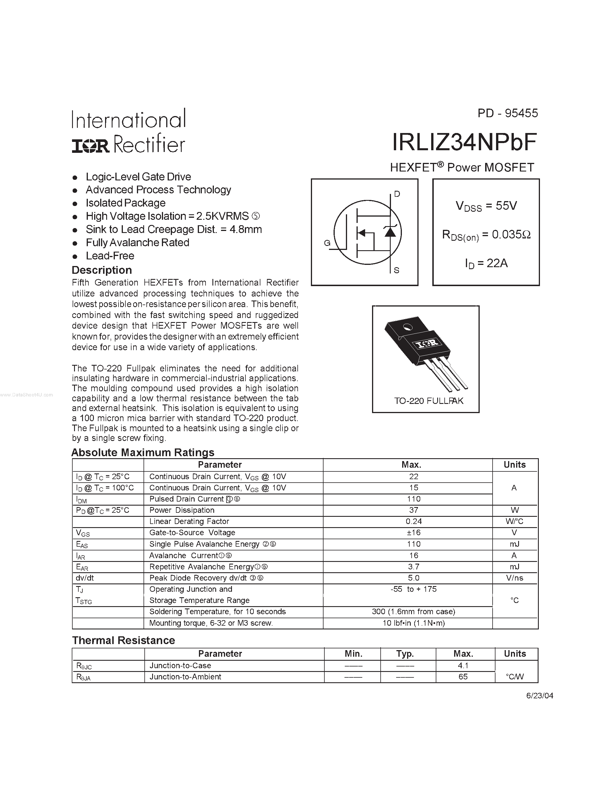 Даташит IRLIZ34NPBF - HEXFET Power MOSFET страница 1