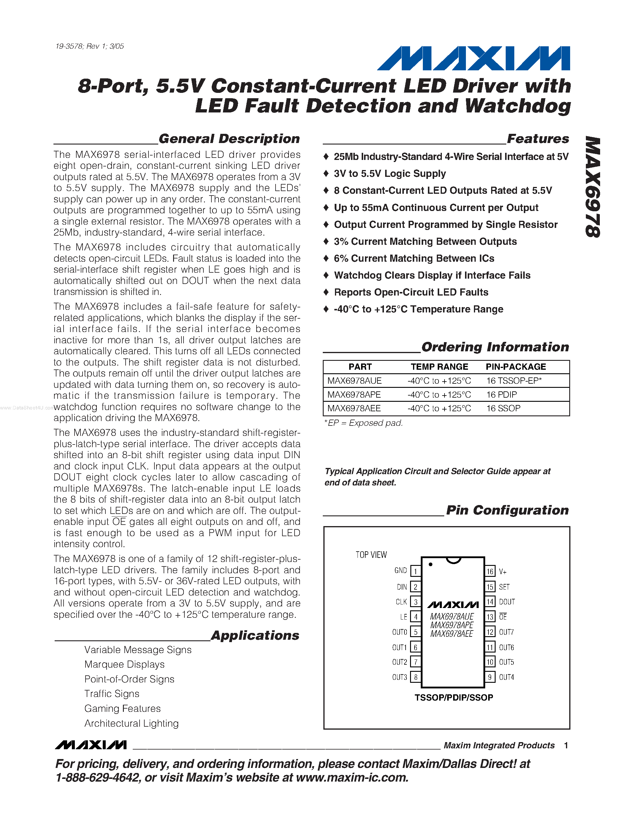 Datasheet MAX6978 - 5.5V Constant-Current LED Driver page 1