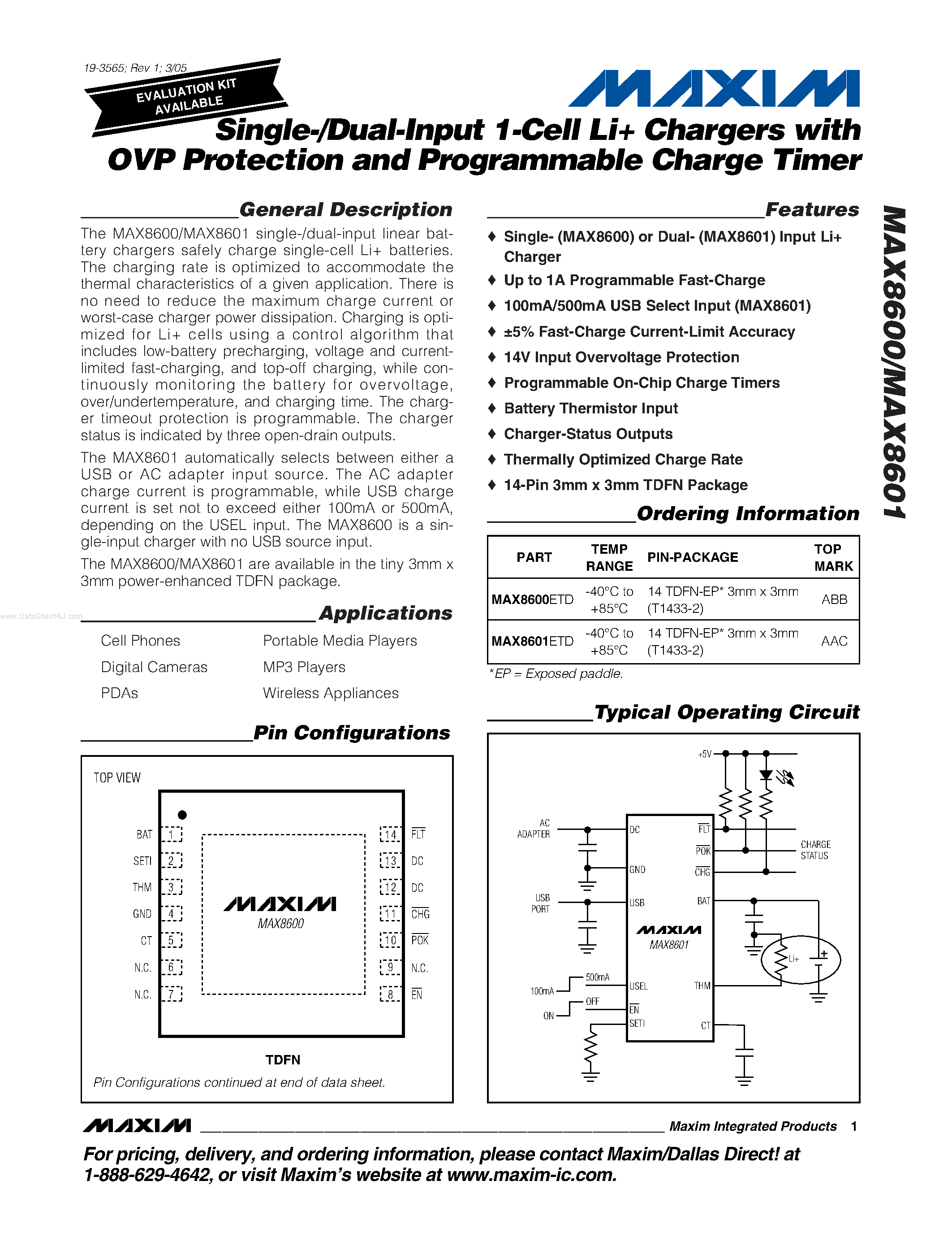 Datasheet MAX8600 - (MAX8600 / MAX8601) Single-/Dual-Input 1-Cell Li Chargers page 1