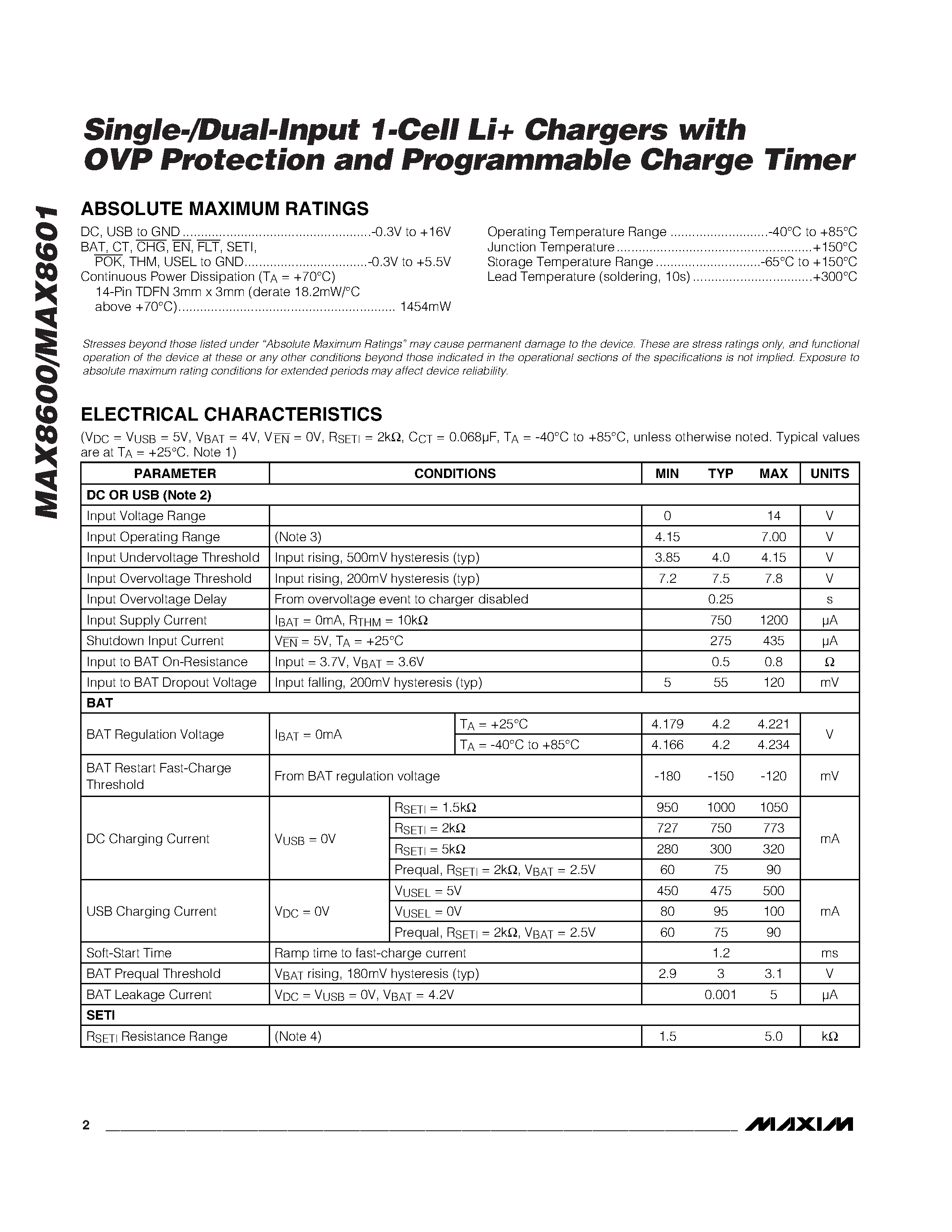 Datasheet MAX8600 - (MAX8600 / MAX8601) Single-/Dual-Input 1-Cell Li Chargers page 2