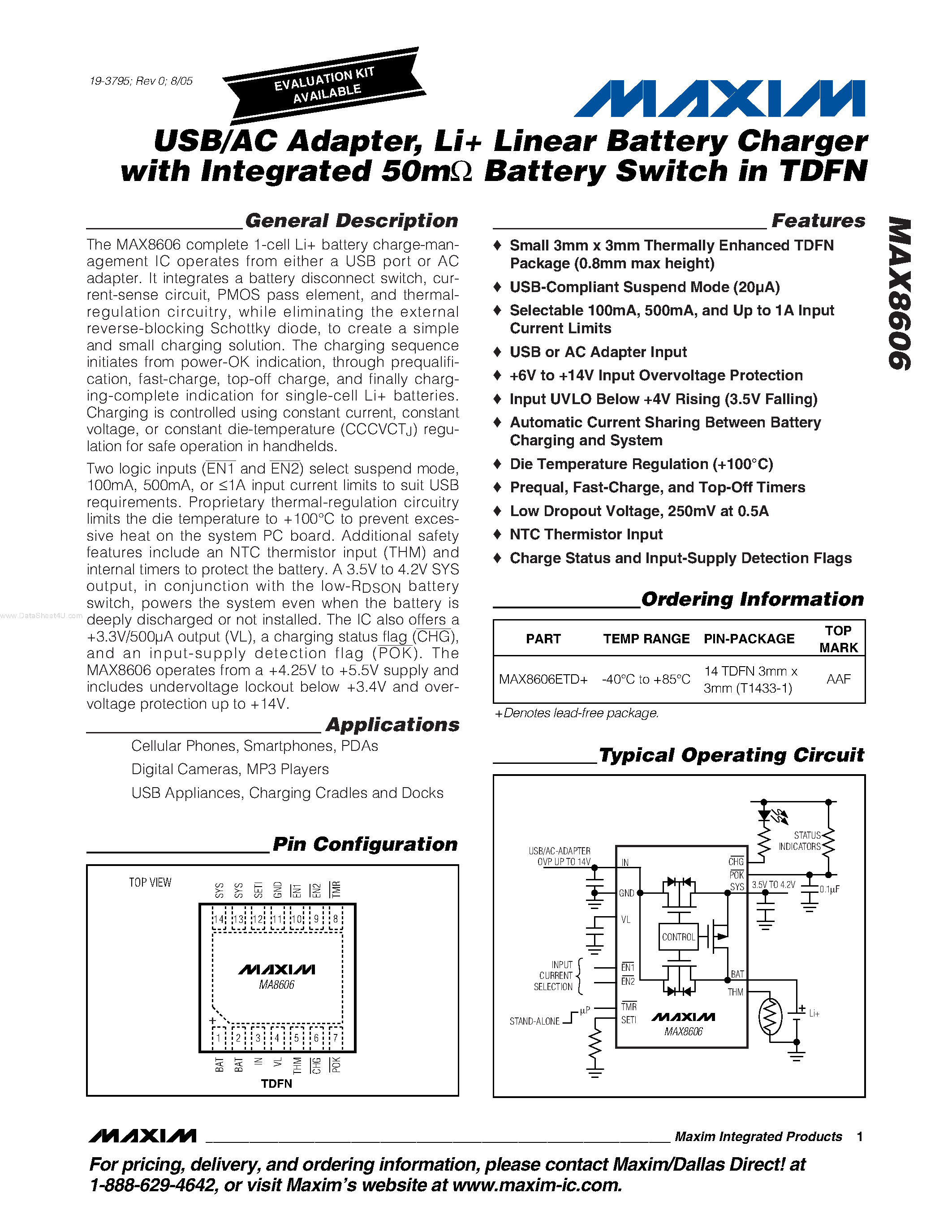 Datasheet MAX8606 - Li+ Linear Battery Charger page 1