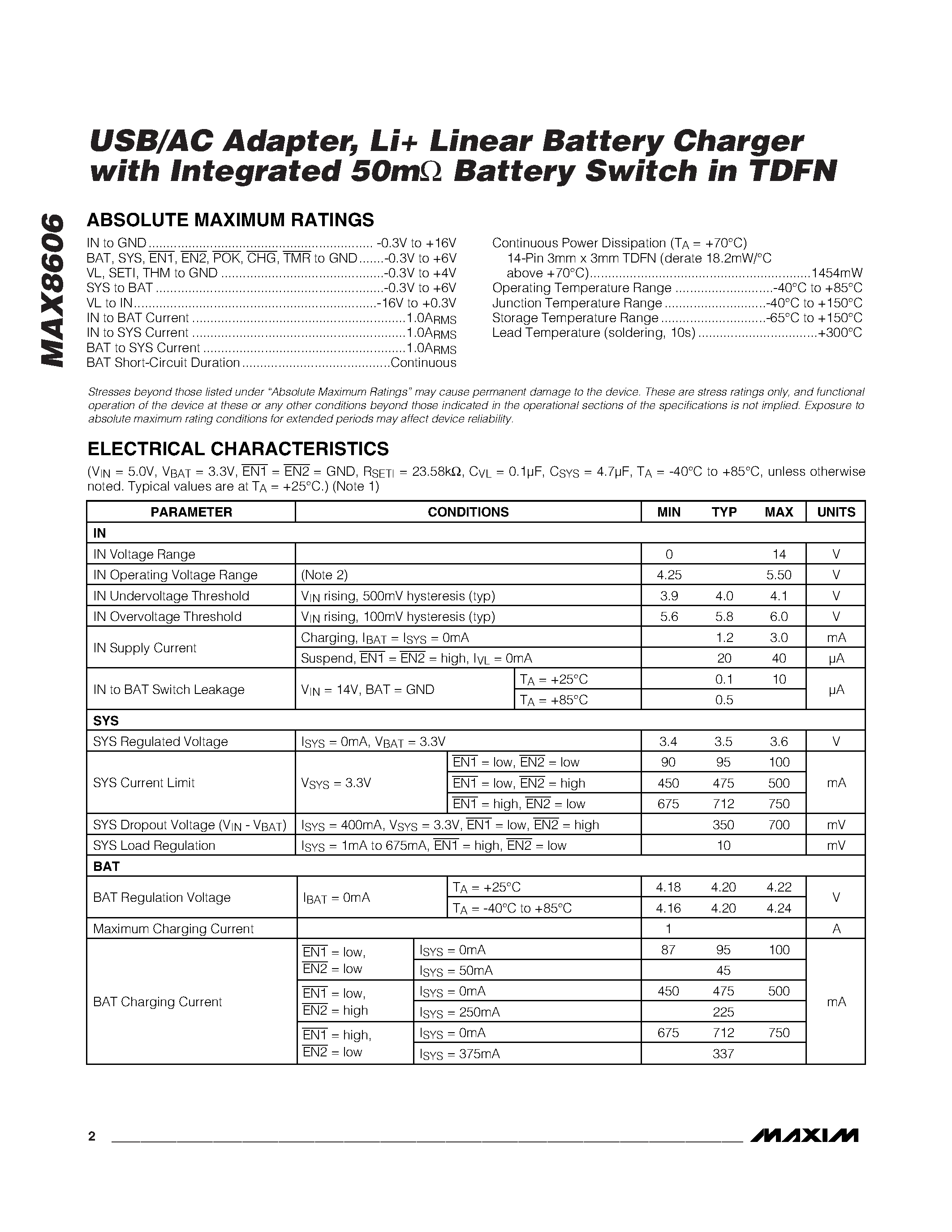 Datasheet MAX8606 - Li+ Linear Battery Charger page 2