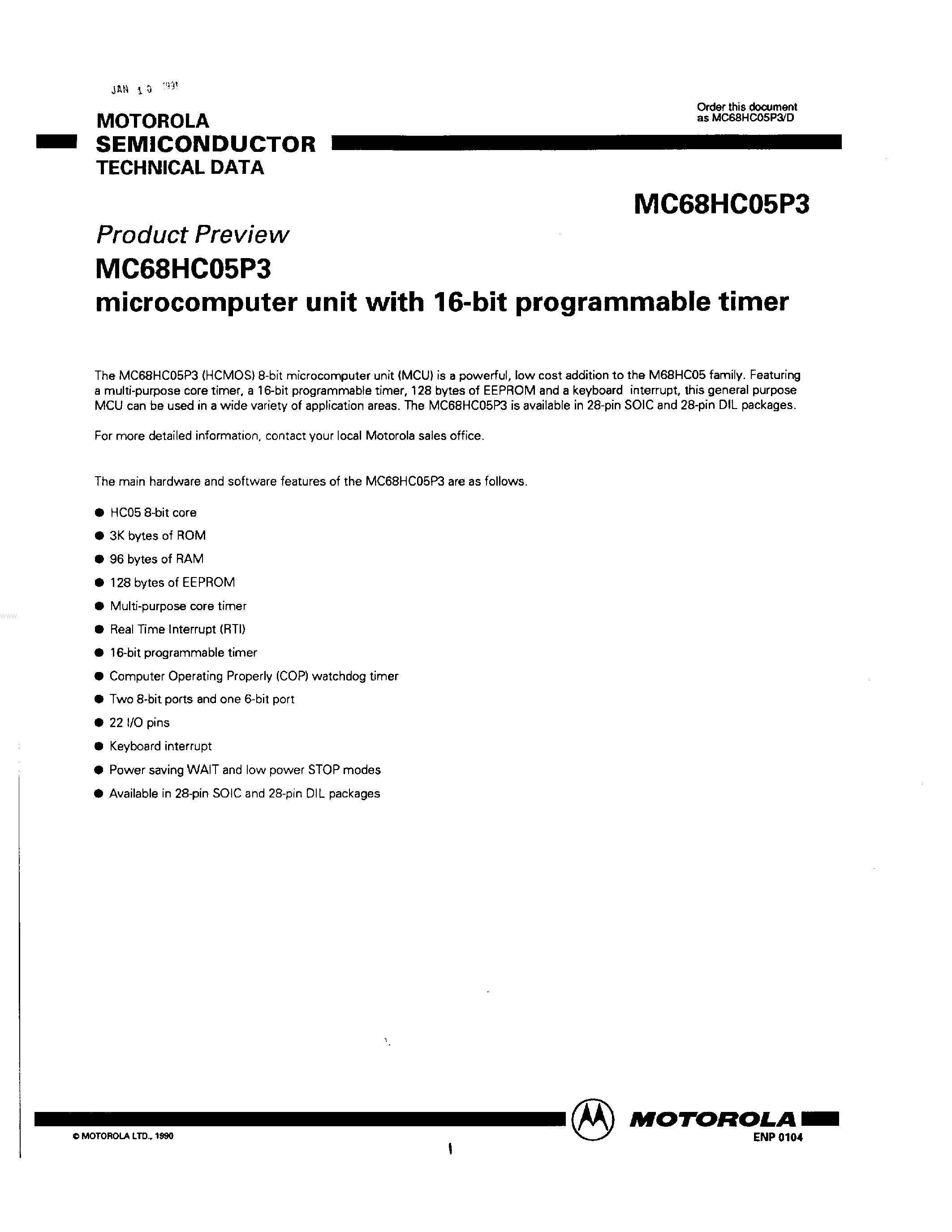 Datasheet MC68HC05P3 - microcomputer unit page 1
