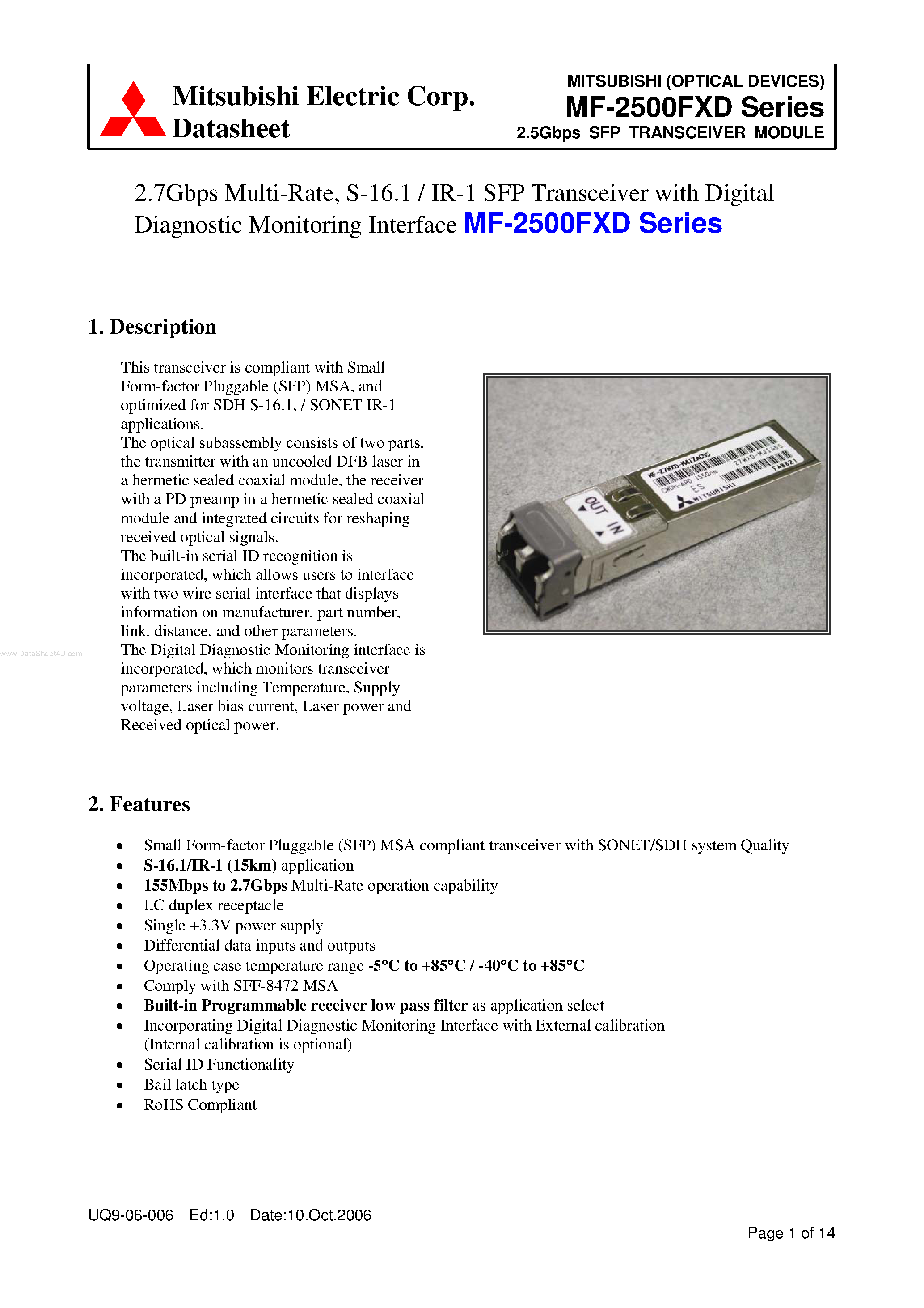 Datasheet MF-2500FXD - 2.5Gbps SFP TRANSCEIVER MODULE page 1