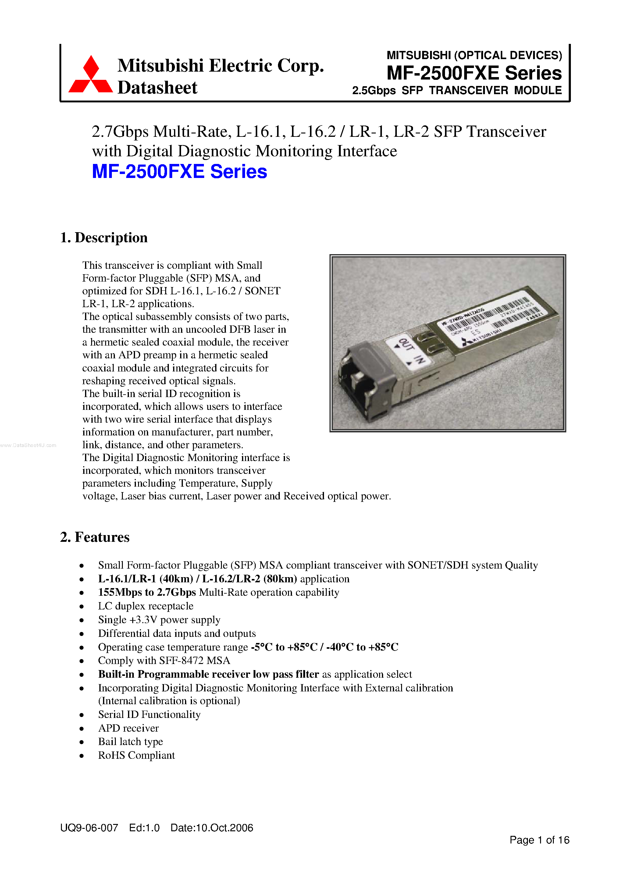 Datasheet MF-2500FXE - 2.5Gbps SFP TRANSCEIVER MODULE page 1