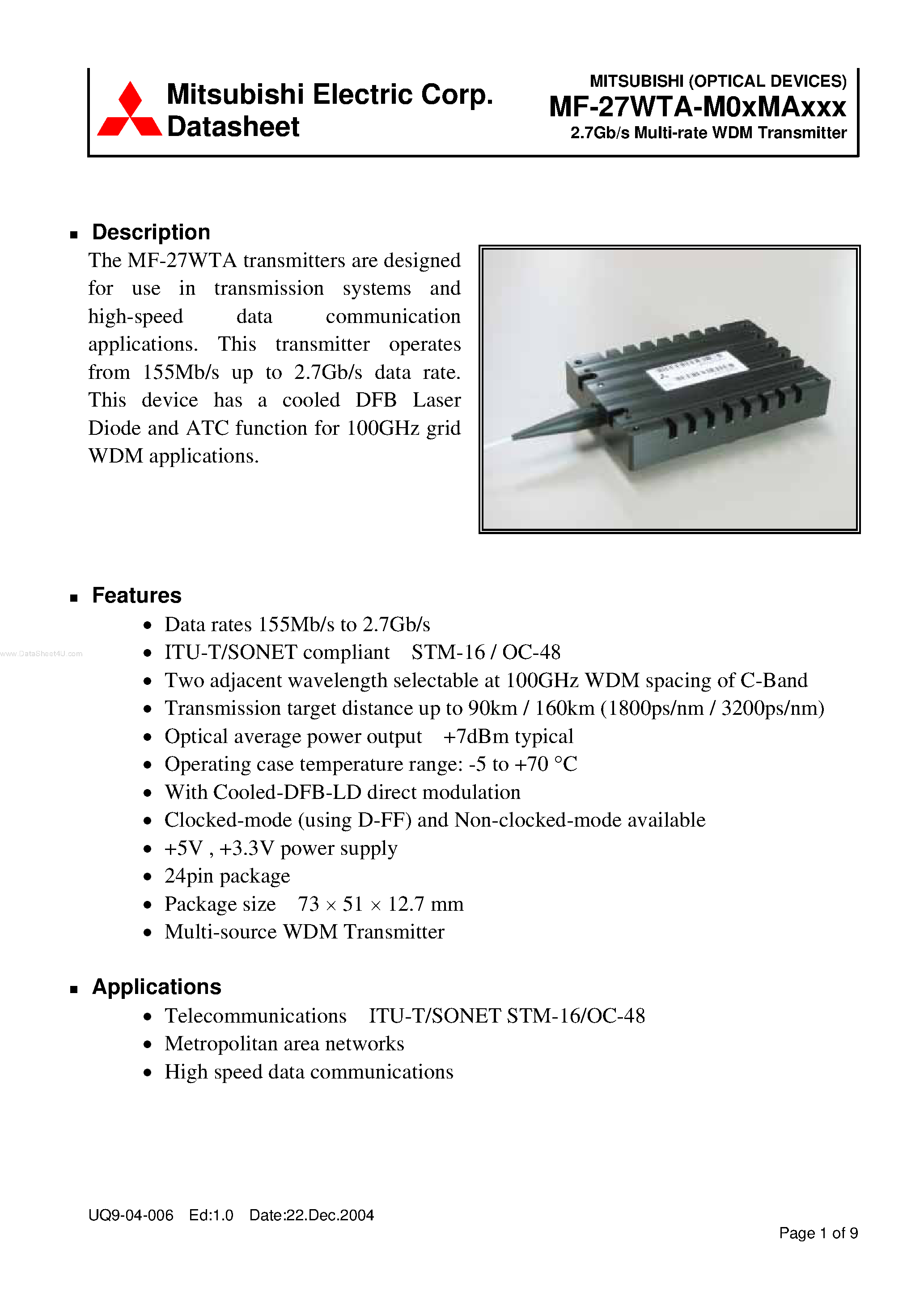 Datasheet MF-27WTA-M01MA007 - (MF-27WTA-M0xMAxxx) 2.7Gb/s Multi-rate WDM Transmitter page 1
