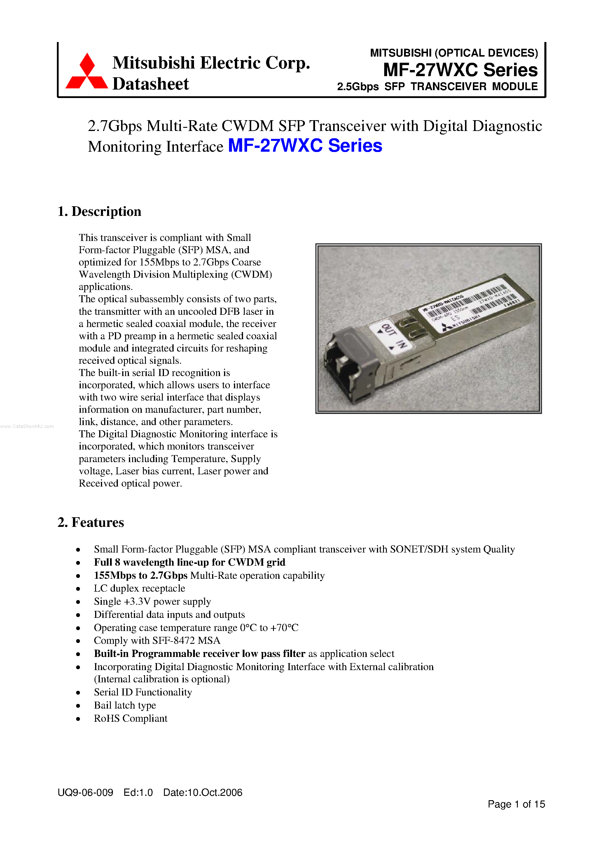 Datasheet MF-27WXC - 2.5Gbps SFP TRANSCEIVER MODULE page 1
