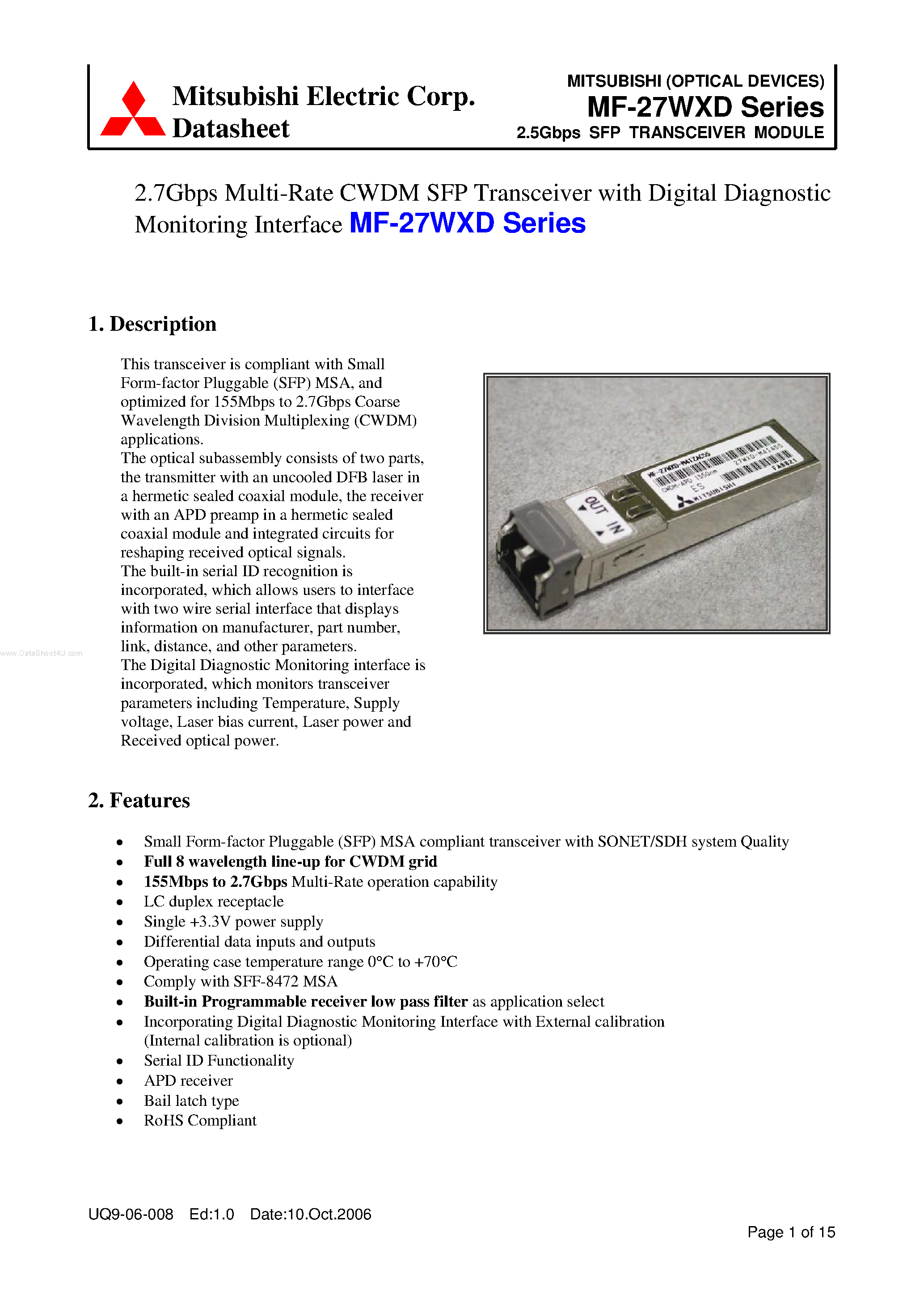 Datasheet MF-27WXD - 2.5Gbps SFP TRANSCEIVER MODULE page 1