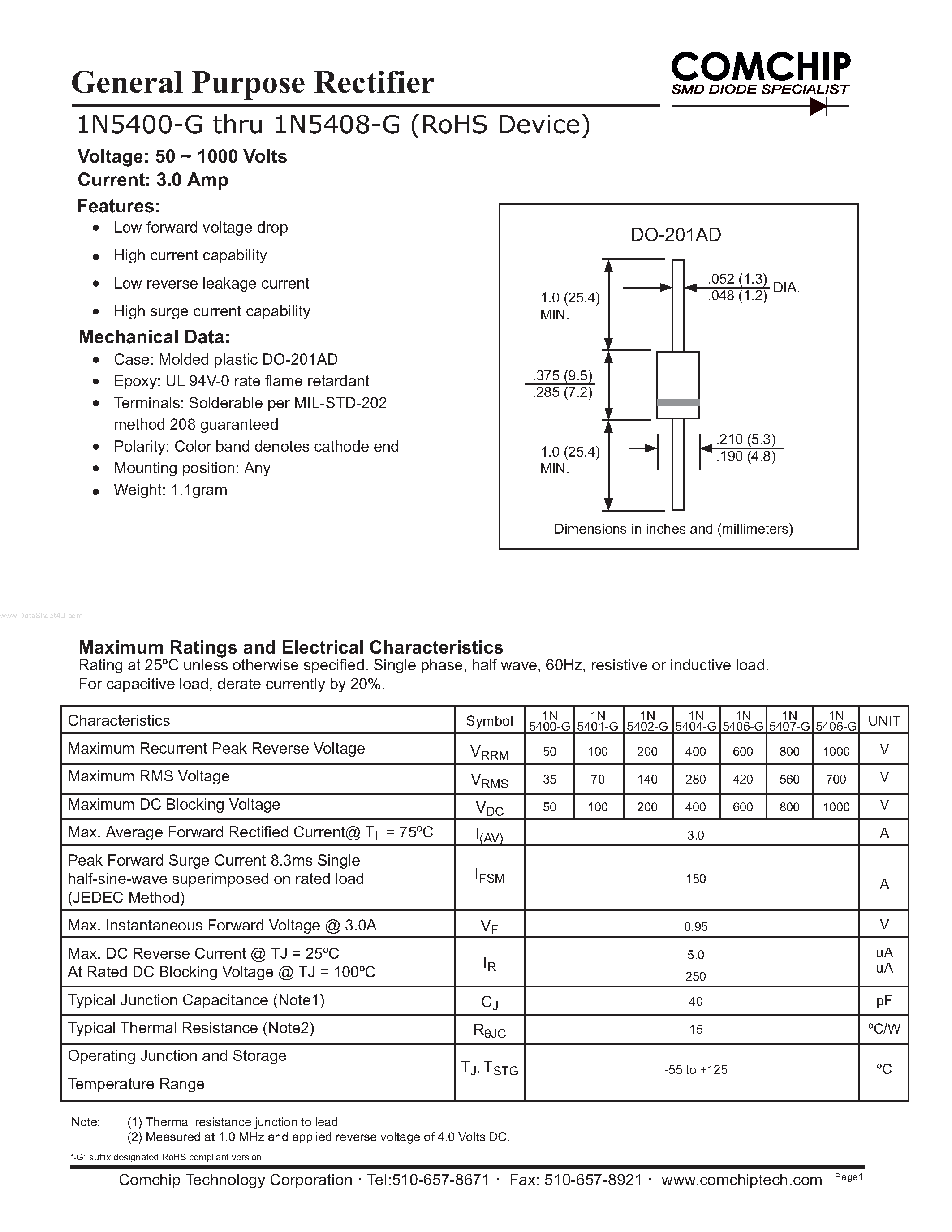 Даташит 1N5404-G - (1N5400-G - 1N5408-G) General Purpose Rectifier страница 1