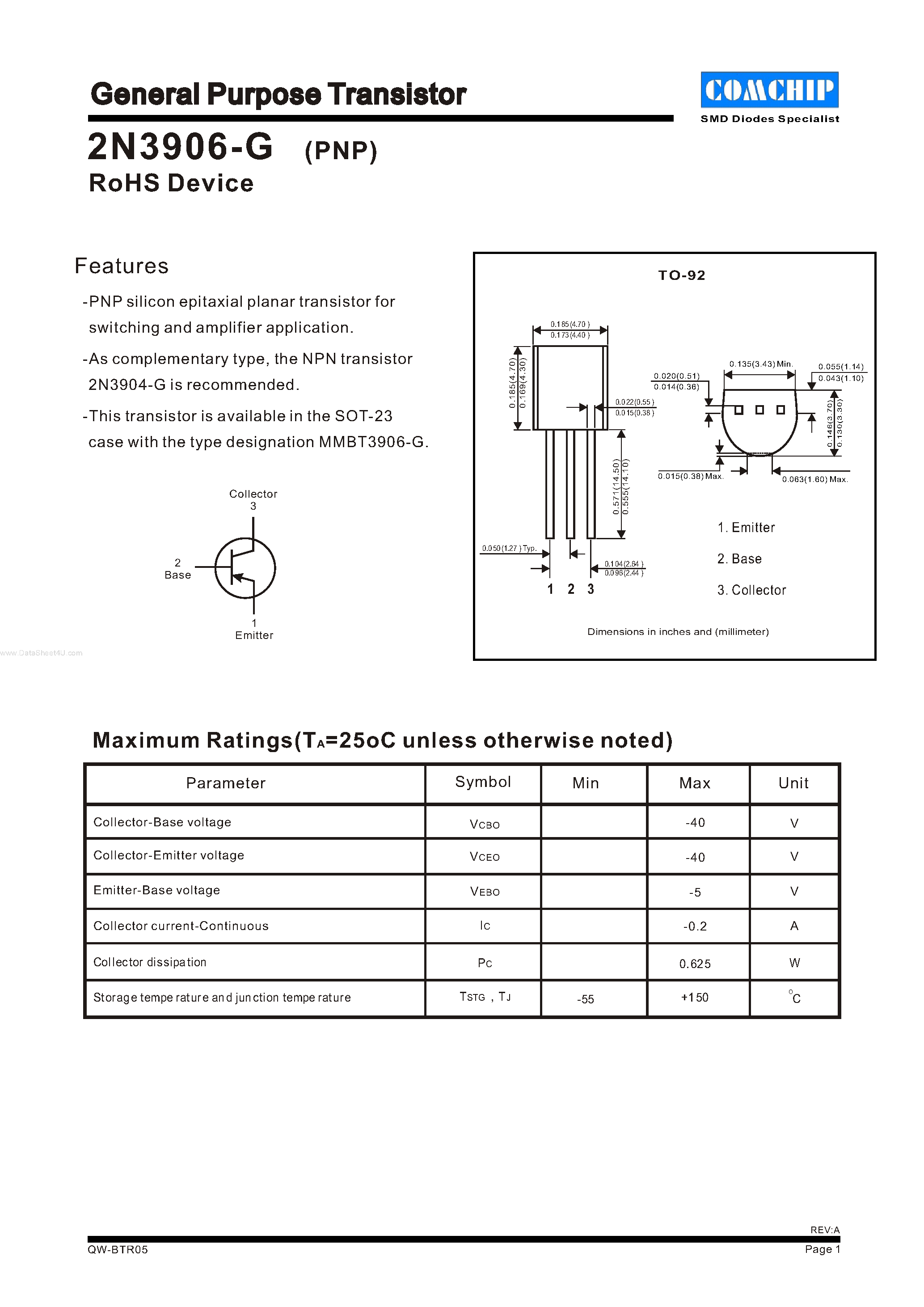 Даташит 2N3906-G - General Purpose transistor страница 1