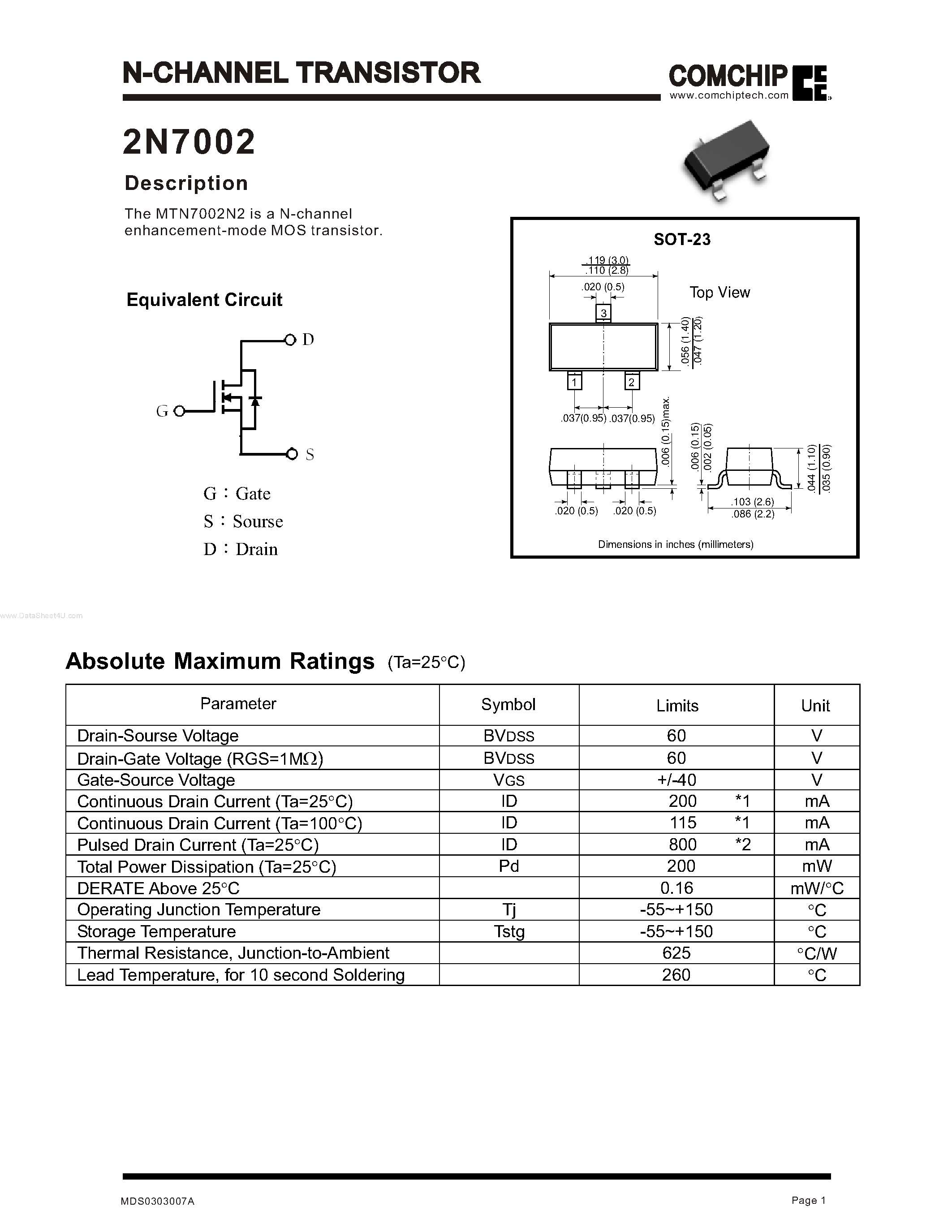 Даташит на микросхему 2N7002 страница 1 Даташит 2N7002 - N-CHANNEL TRANSISTOR страница 1