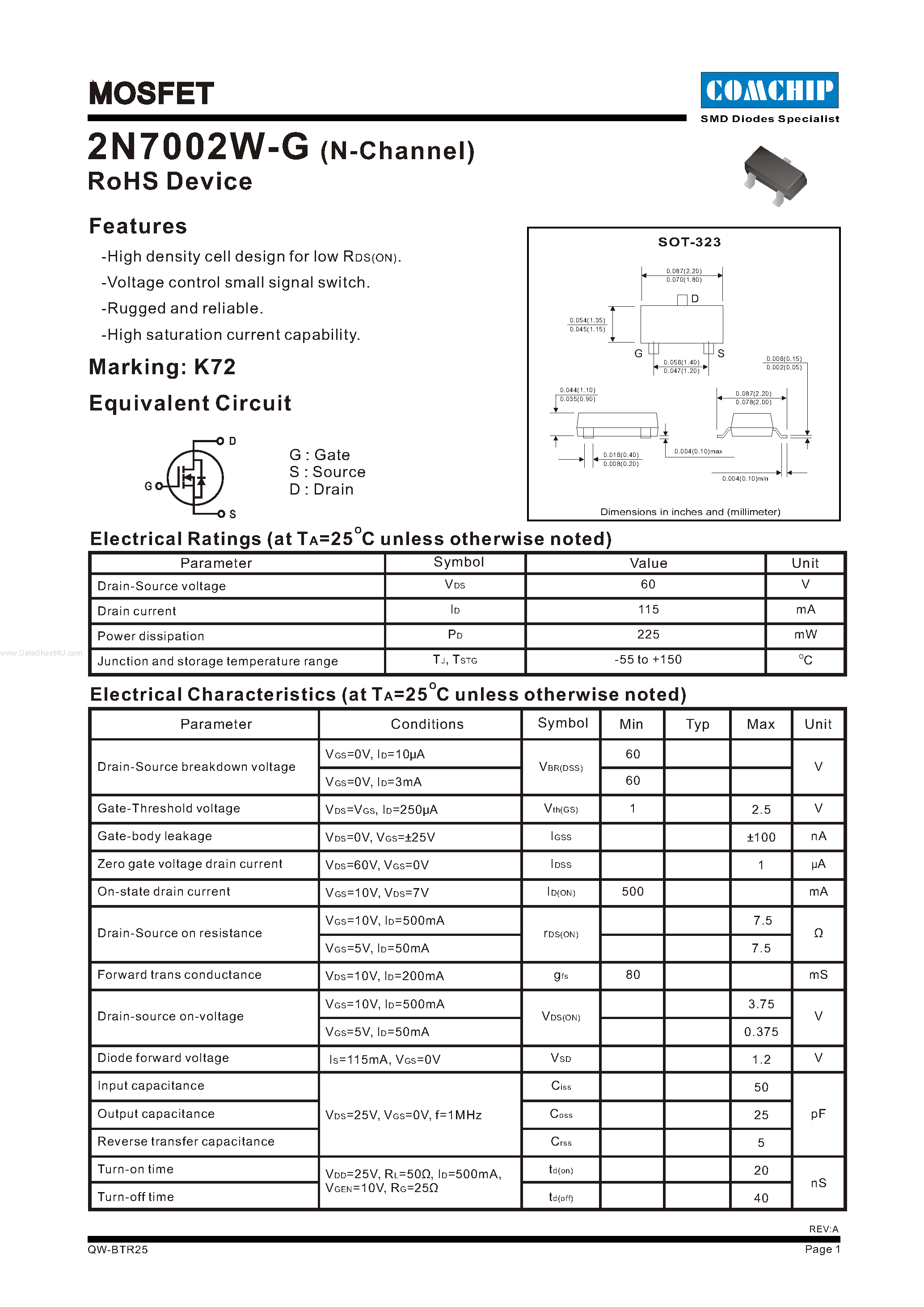 Даташит 2N7002W-G - MOSFET страница 1