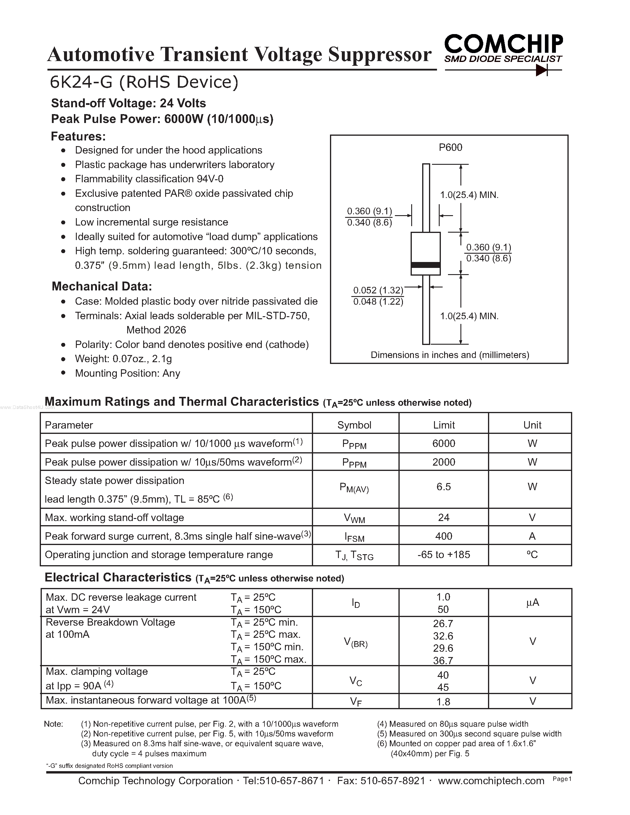 Datasheet 6K24-G - Automotive Transient Voltage Suppressor page 1