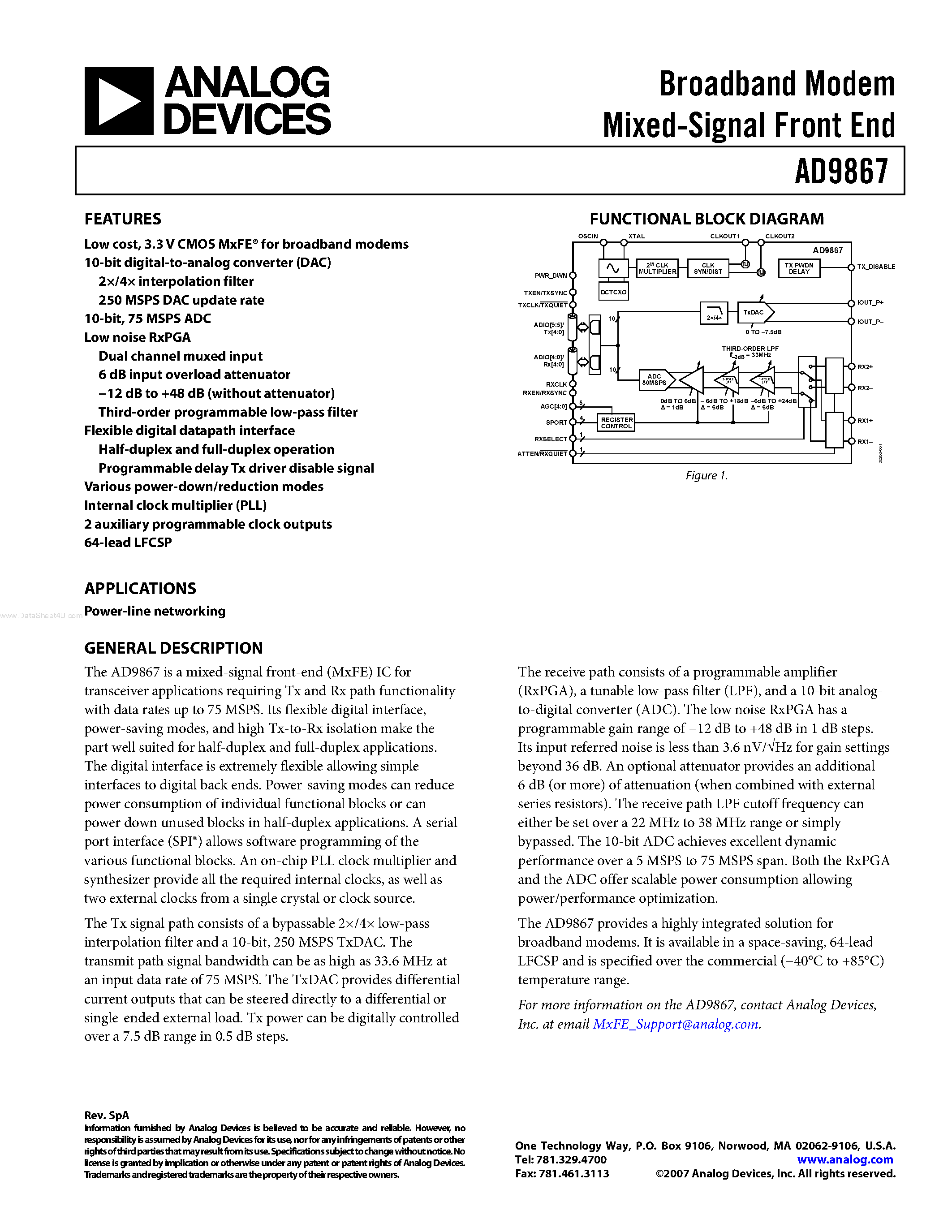 Datasheet AD9867 - Broadband Modem Mixed-Signal Front End page 1