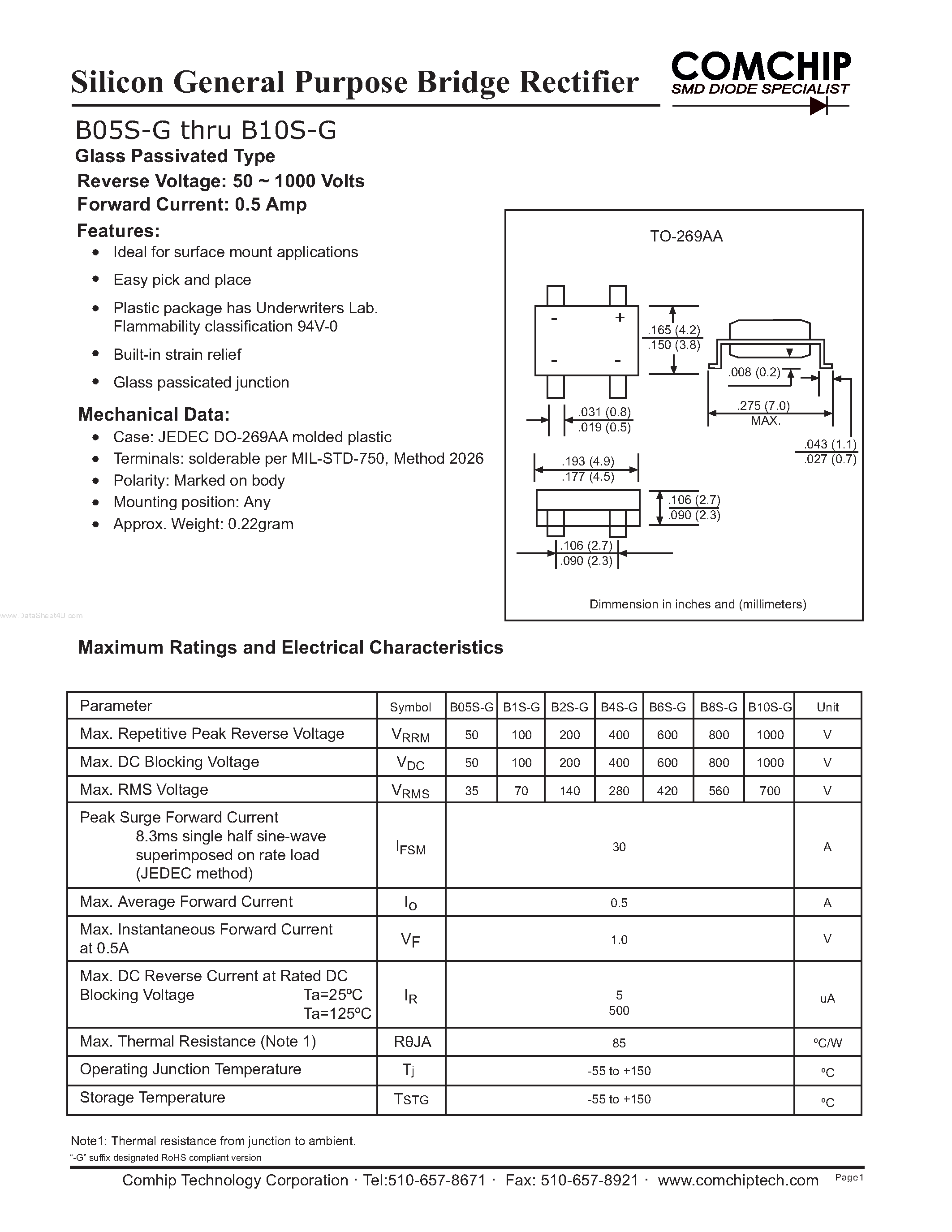 Даташит B2S-G - Silicon General Purpose Bridge Rectifier страница 1