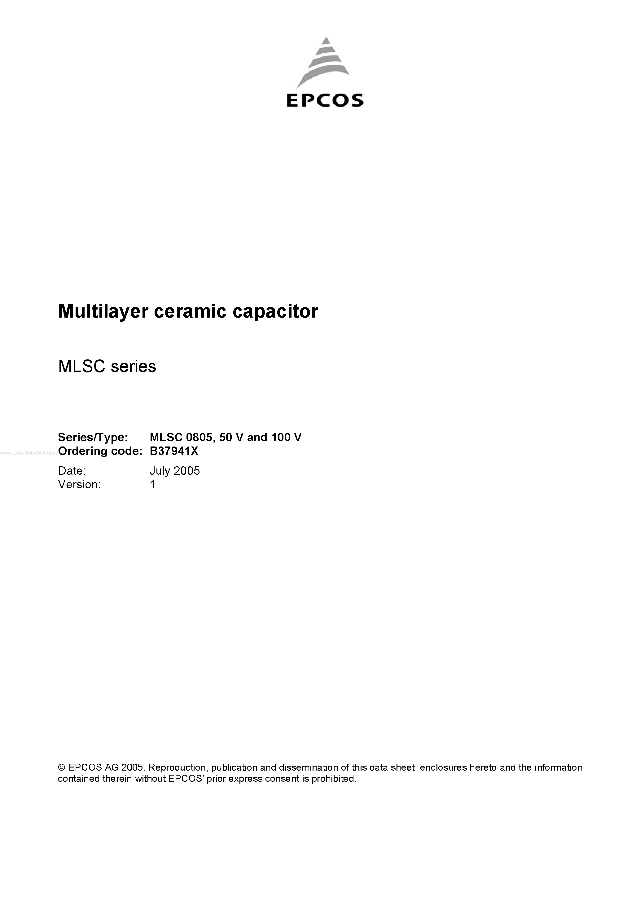 Даташит B37941X - Multilayer ceramic capacitor страница 1