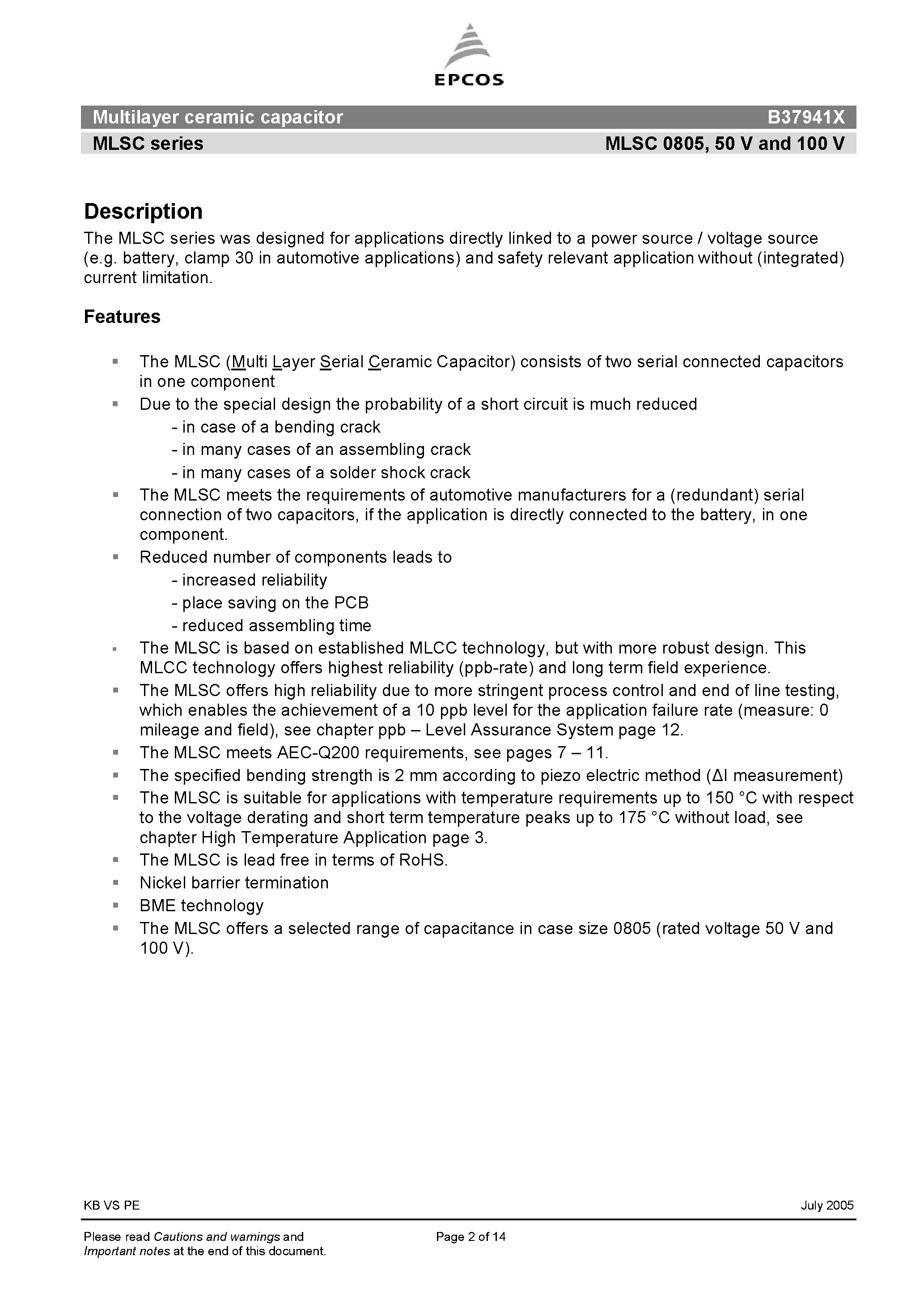 Даташит B37941X - Multilayer ceramic capacitor страница 2